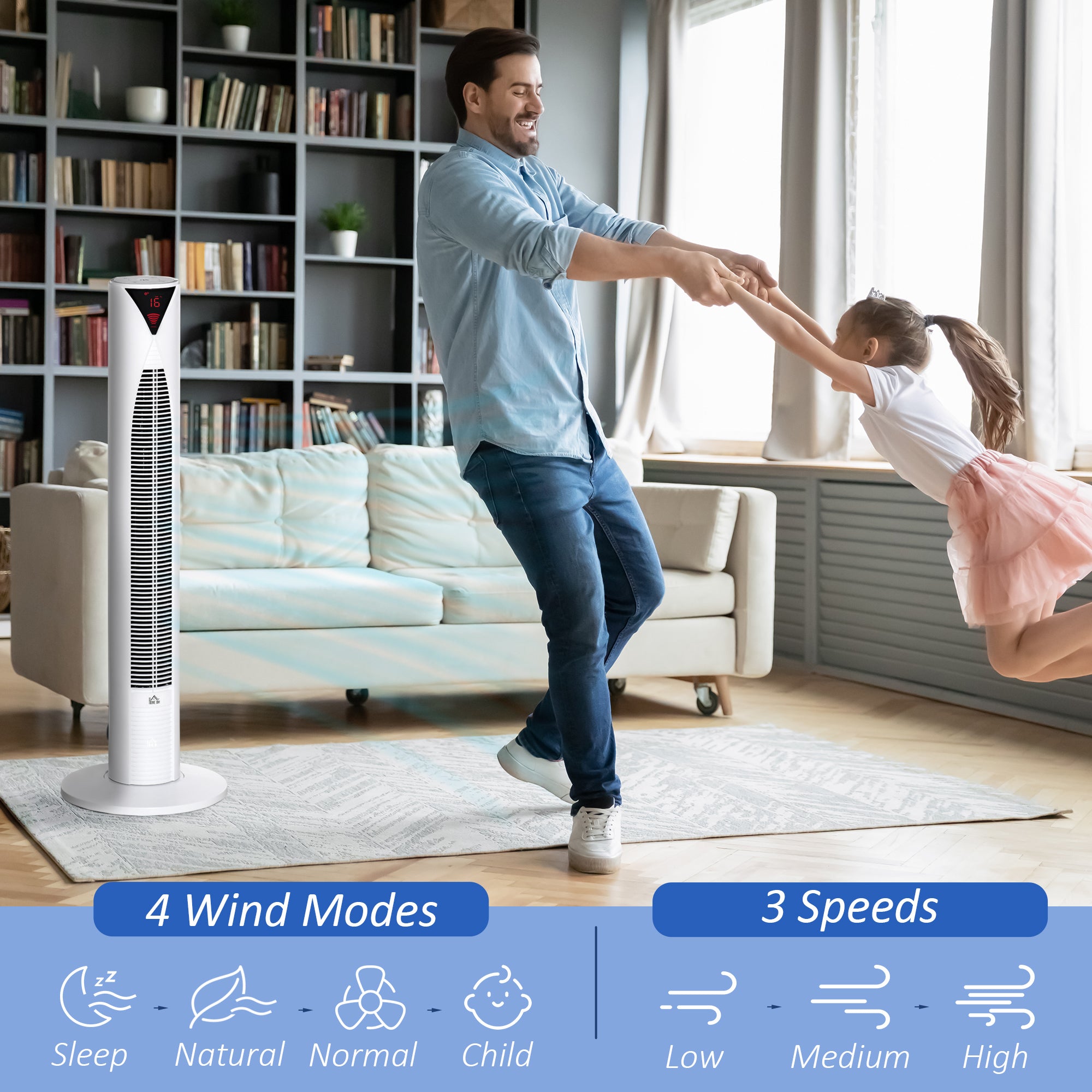 Freestanding Tower Fan Cooling for Home Bedroom with 3 Speed, 12h Timer, Oscillating, LED Sensor Panel, Remote Controller, White