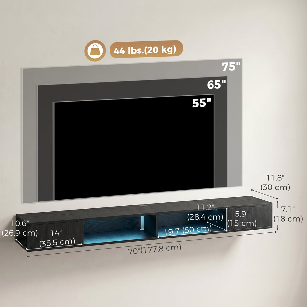 ቲቪ ስታንድ ምስ RGB LED መብራህቲ፣ መዝናኛ ማእከል ምስ ክፍት መደርደሪ ን75 ኢንች ቲቪ፣ ጸሊም ዕጨይሽ ስንጭሮ
