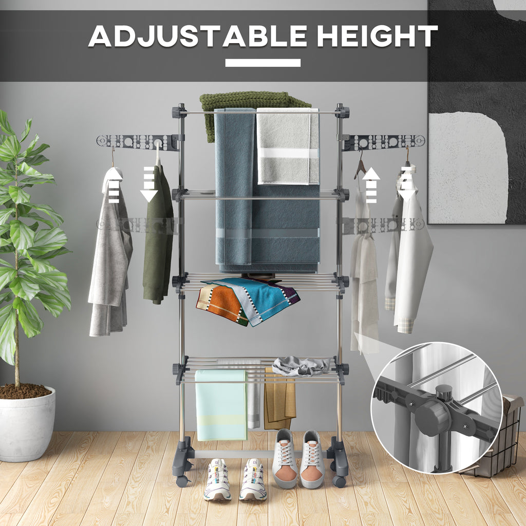 Garment Drying Rack Stainless Steel Folding Clothes Hanging Rack with Side Wings Castors for Indoor Outdoor White