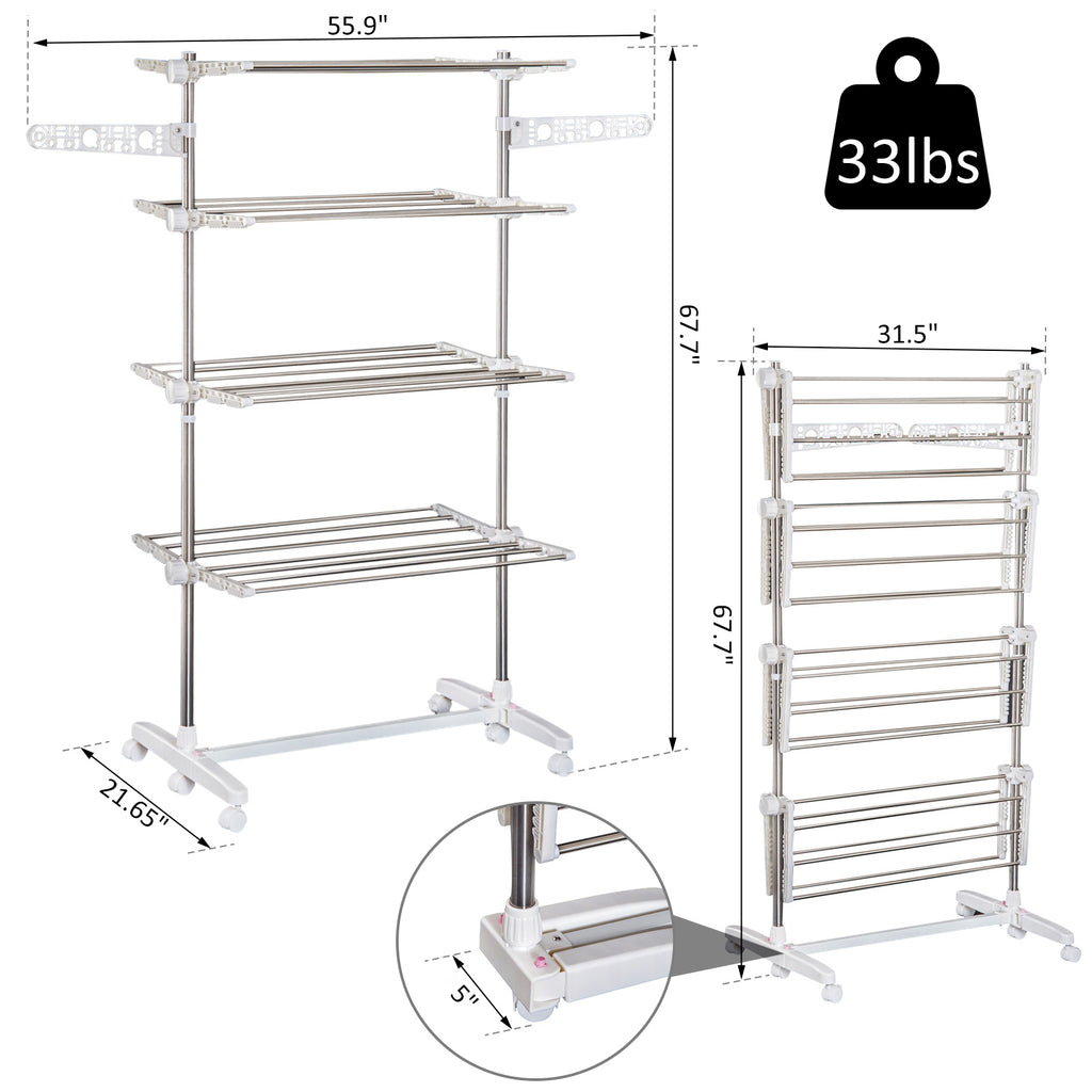 4 Layers Folding Laundry Rack Stand Dryer Storage Towel Rack Rolling