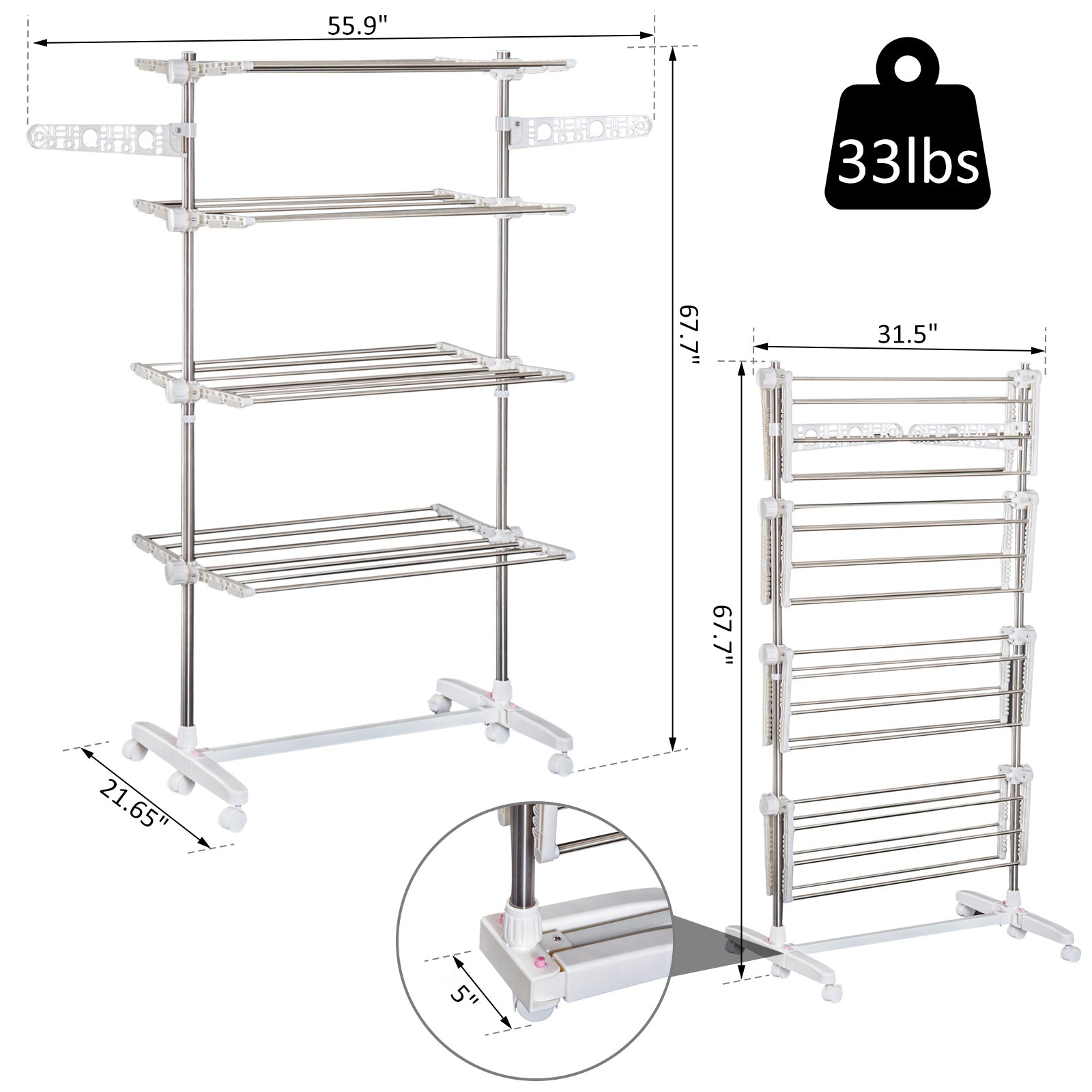 4 Layers Folding Laundry Rack Stand Dryer Storage Towel Rack Rolling