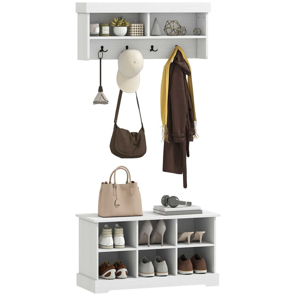 Coat Rack Shoe Bench Set, Entryway Shoe Bench with 8 Storage Cubbies, 4 Hooks for Hallway, Living Room, White