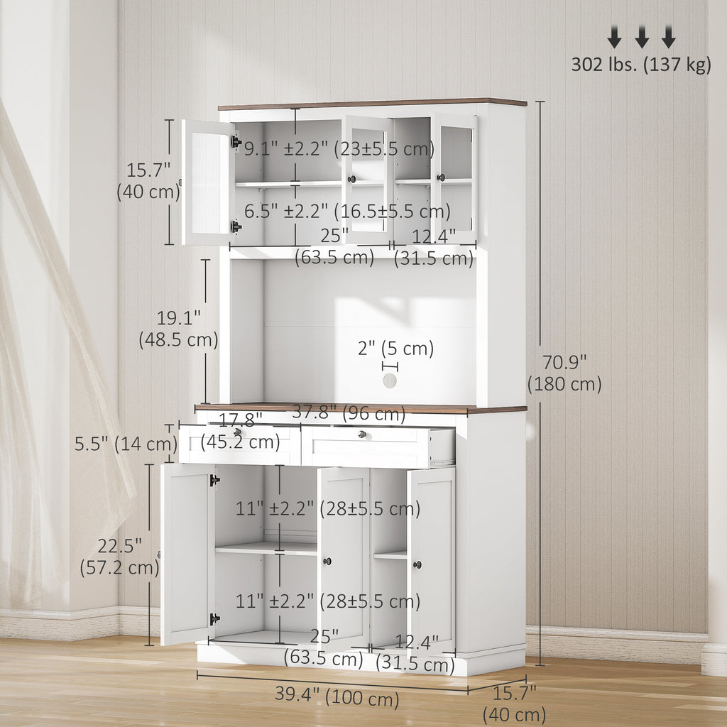 71" Pantry Cabinet with Microwave Space, Kitchen Cabinet with Hutch, 2 Drawers, Adjustable Shelves, Glass Doors, White