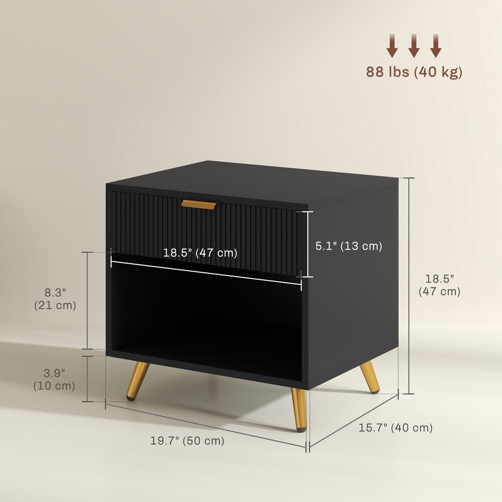 Nightstand with Fluted Panel, Bedside Table with Drawer and Open Compartment, Modern Night Table for Bedroom, Black