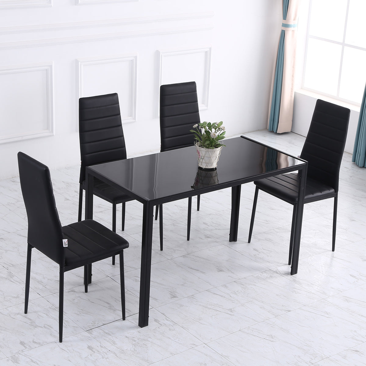 Rectangular Kitchen Table for 4 People, Dining Table with Tabletop Tempered Glass for Dining Room, Living Room, Black