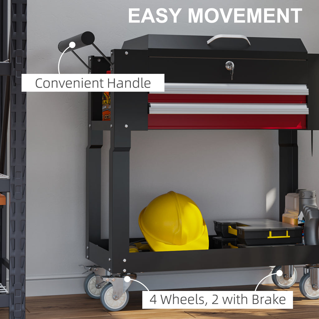 Tool Cart on Wheels Service Cart with 2 Drawers Tray Lockable Flip Top Storage for Garage Warehouse Workshop Black