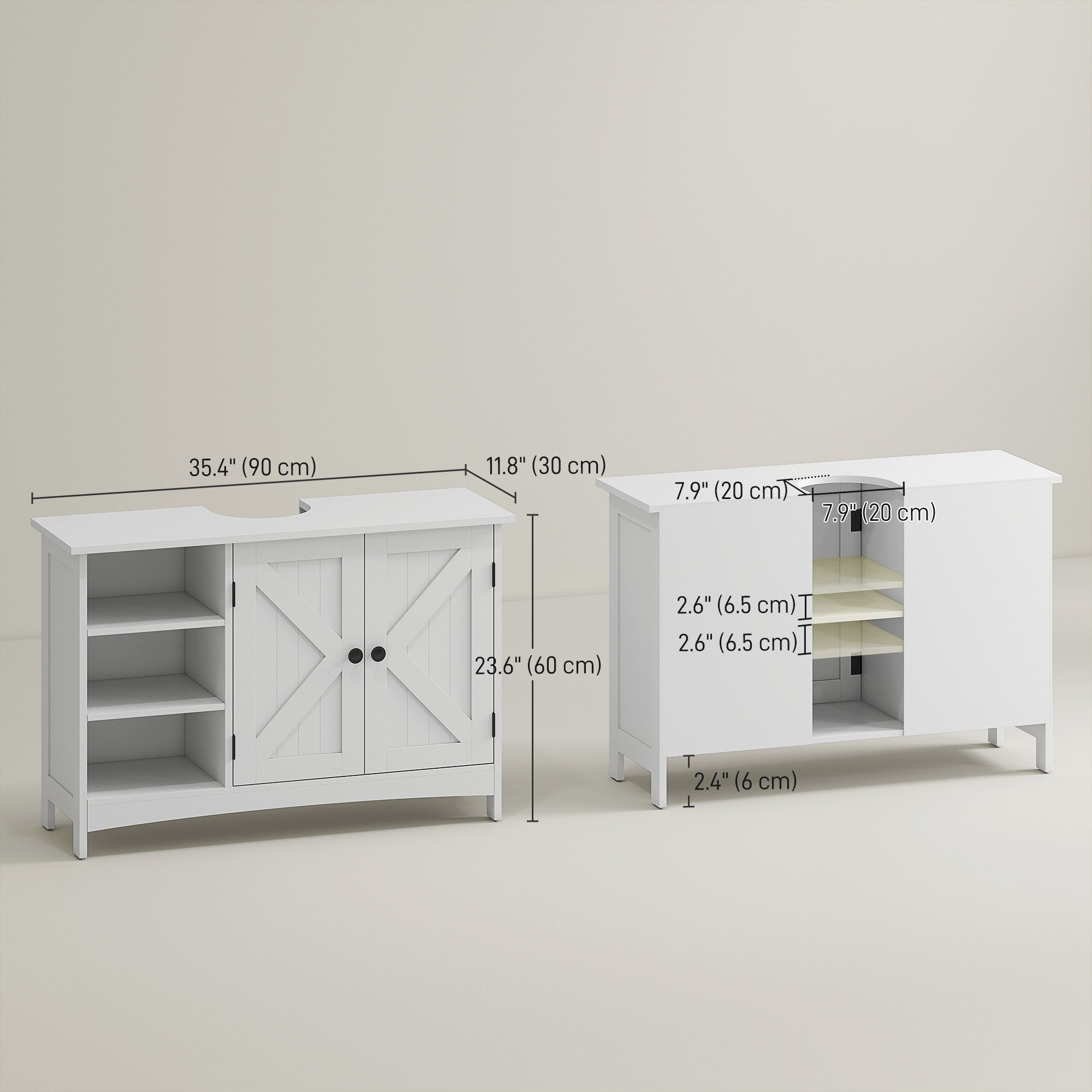 Bathroom Vanity Cabinet, Under Sink Storage Cabinet with Double Doors, Open and Adjustable Shelves, White