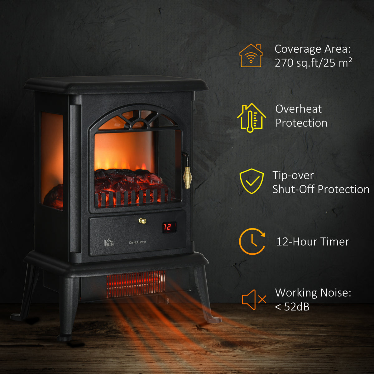 22" Infrared Electric Fireplace Stove, Freestanding Fireplace Heater with 3D Flame Effect, Adjustable Temperature, Timer, 1000W/1500W, Black