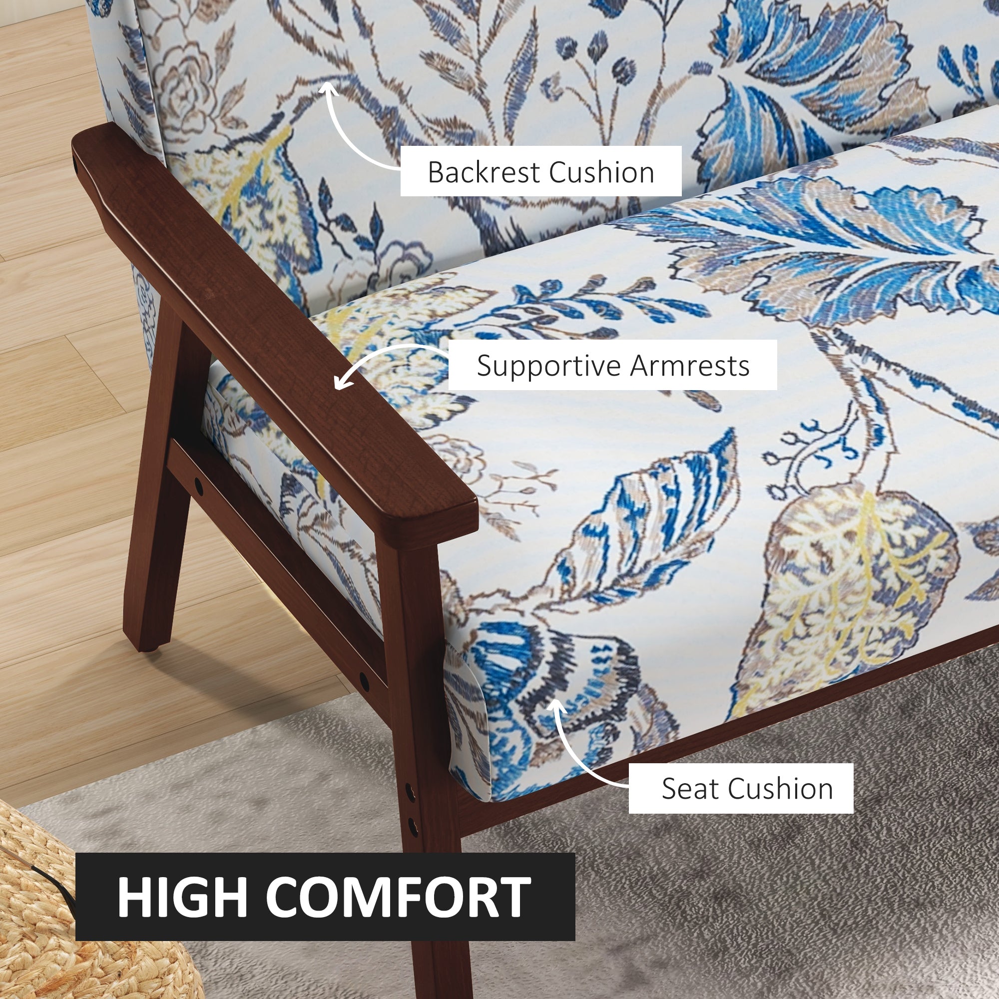 Compact Loveseat Sofa Couch Linen Fabric Double Seat Sofa with Rubber Wood Legs Multicolour