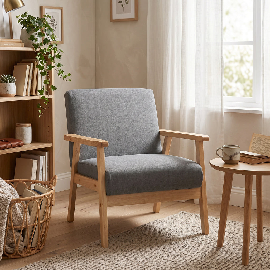 Minimalistic Accent Chairs Wood Frame w/ Thick Linen Cushions Wide Seat Armchair for Bedroom Office, Grey