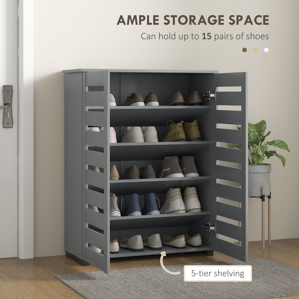 Shoe Storage Cabinet, Shoe Cabinet with 2 Slatted Doors for 15 Pairs of Shoes, Dark Grey