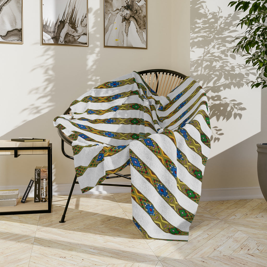 Bohemian Striped Velveteen Microfiber Blanket — Green & Gold Aztec Pattern