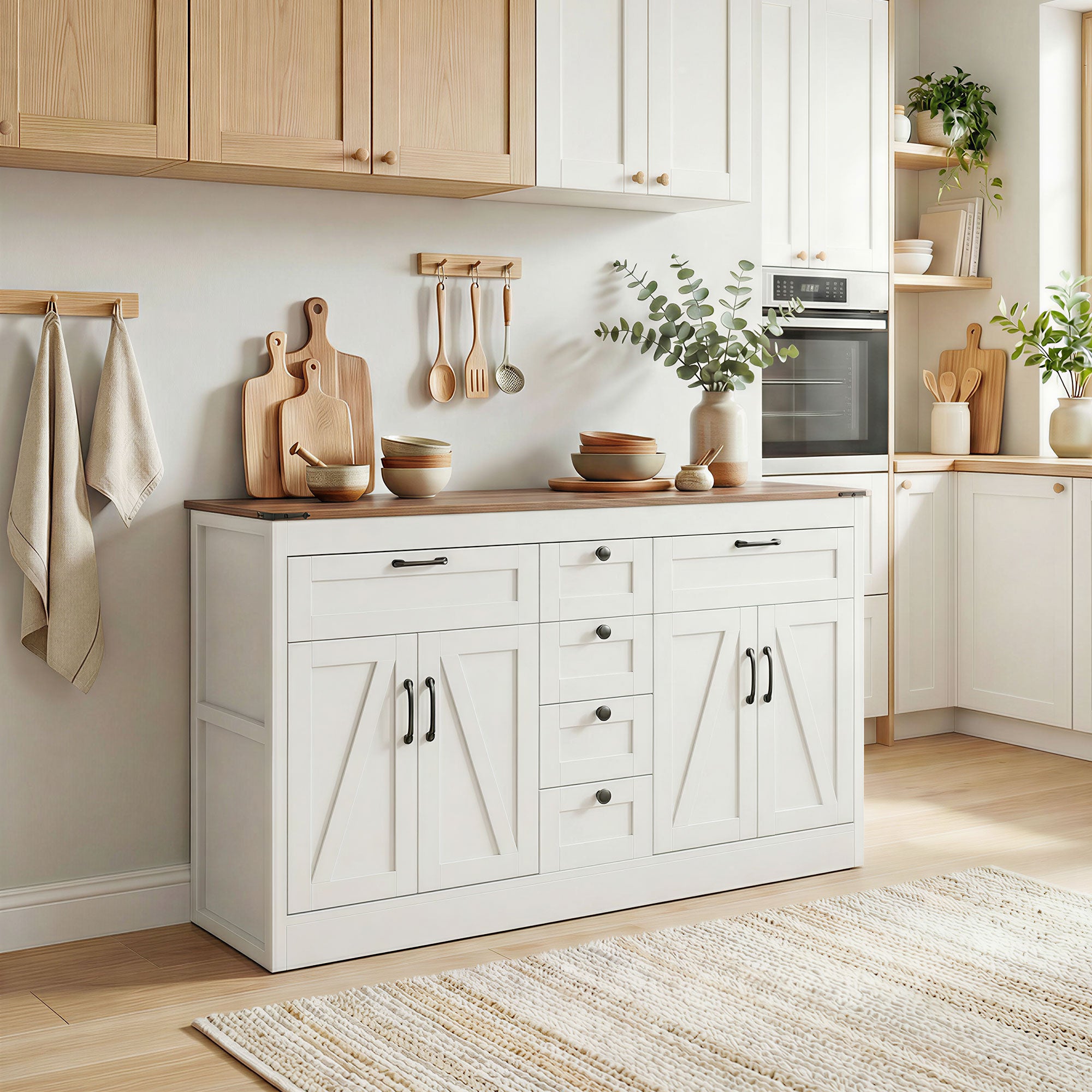 Sideboard Buffet Cabinet, 55" Farmhouse Kitchen Cabinet with 4 Barn Doors, 6 Drawers and 2 Adjustable Shelves, White