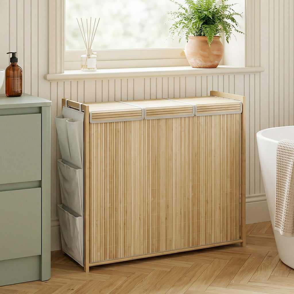 Bamboo Laundry Hamper with Removable Drawstring Bag and Side Storage Pockets, 20 Gal, Natural