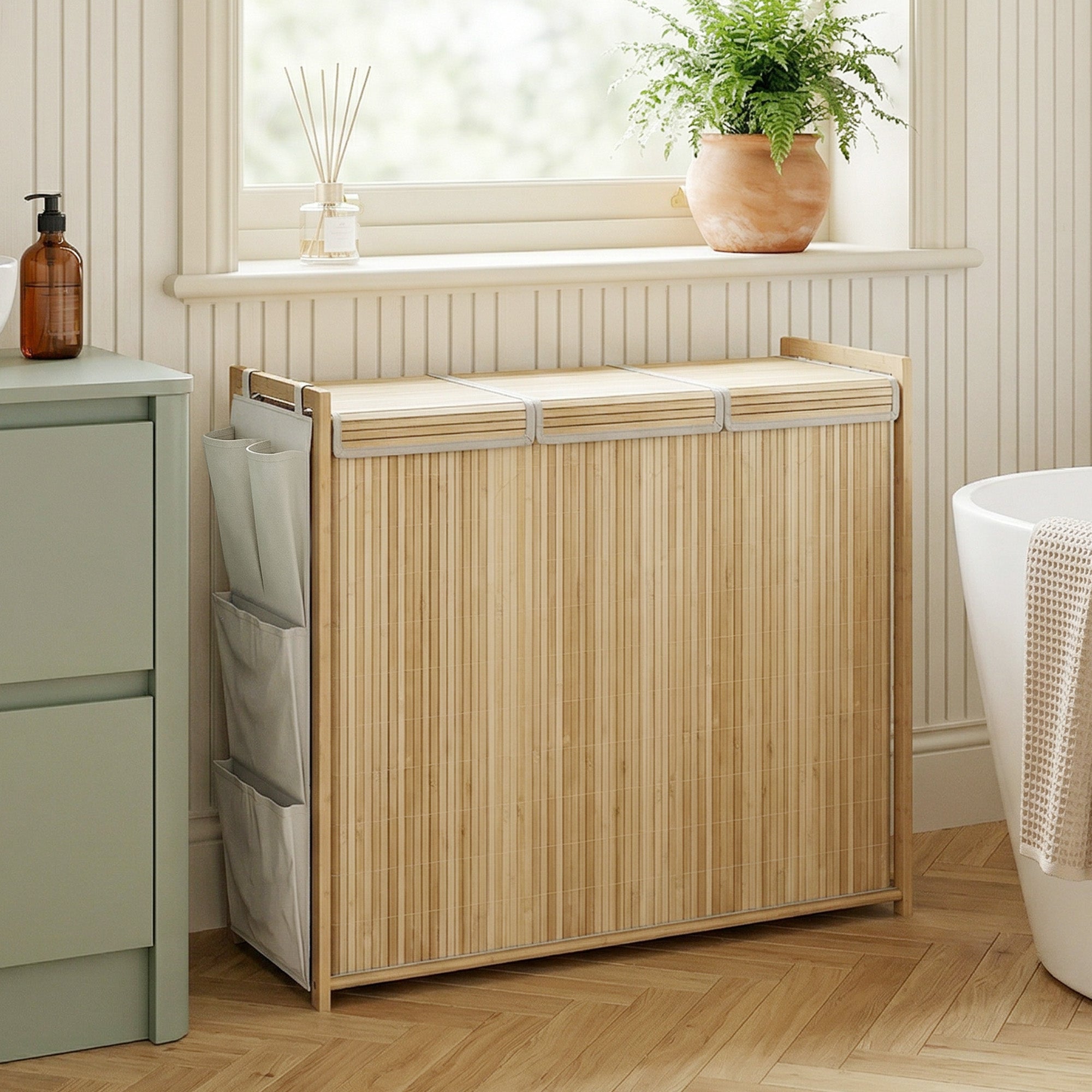 Bamboo Laundry Hamper with Removable Drawstring Bag and Side Storage Pockets, 20 Gal, Natural