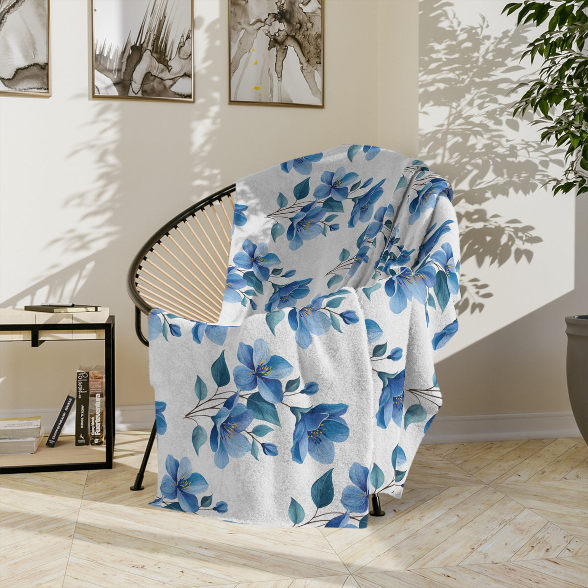 Blue Watercolor Floral Blanket — Velveteen Microfiber Throw