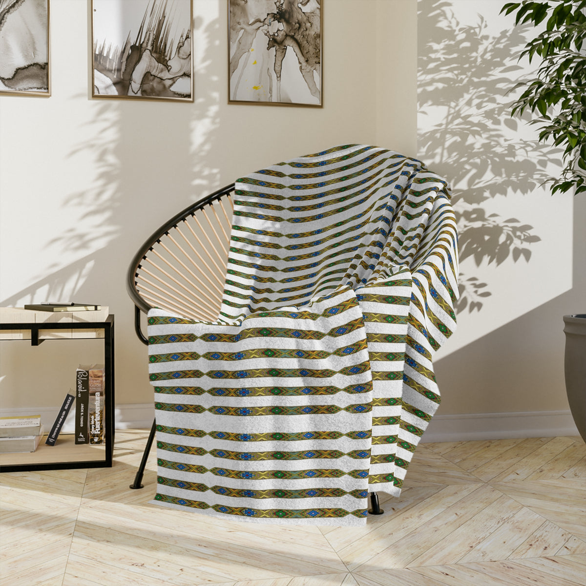 Velveteen Microfiber Blanket — Retro Stripe Plaid Throw (Mustard, Navy)