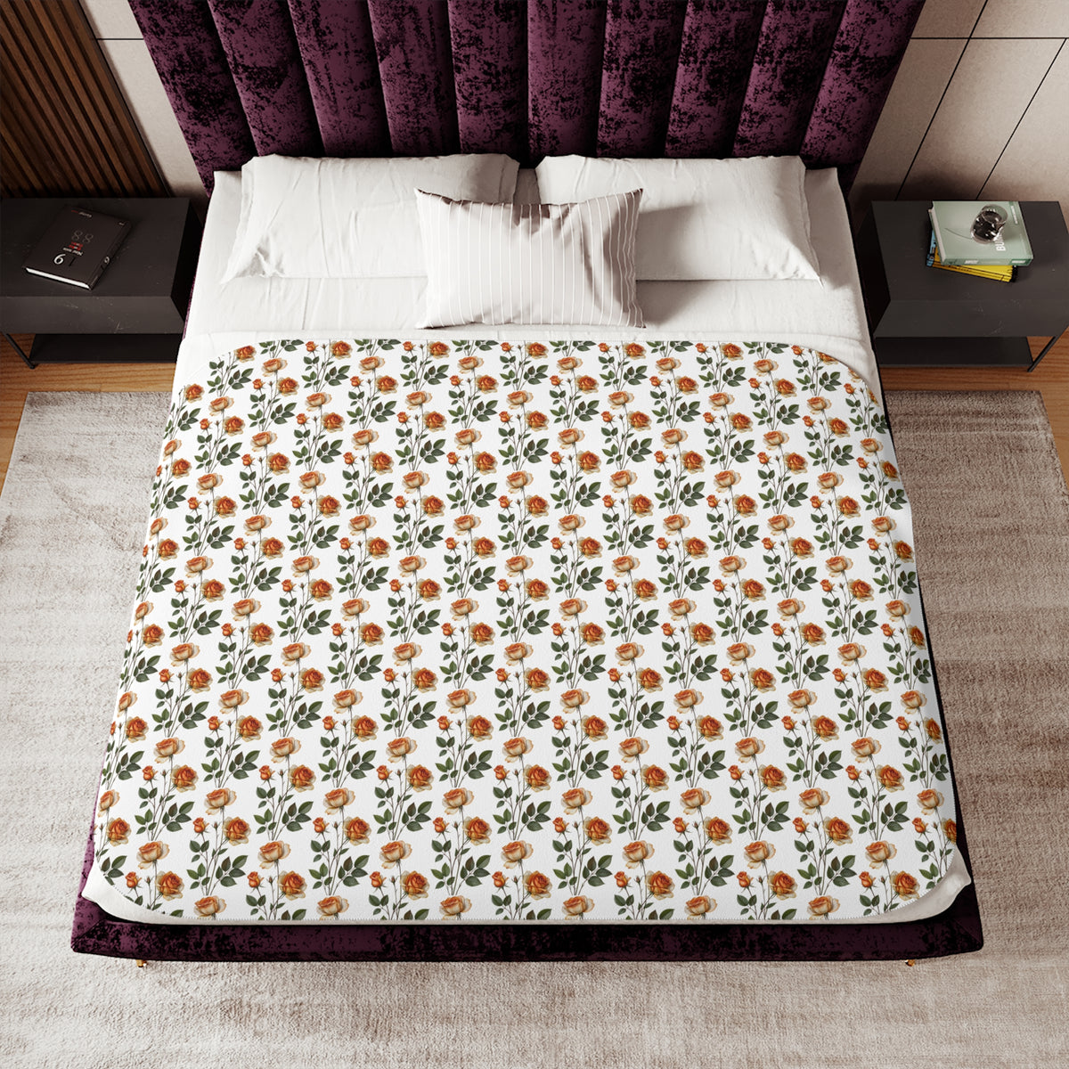 Autumn Floral Sherpa Blanket — Cozy Fall Throw with Orange & Green Bouquet Pattern