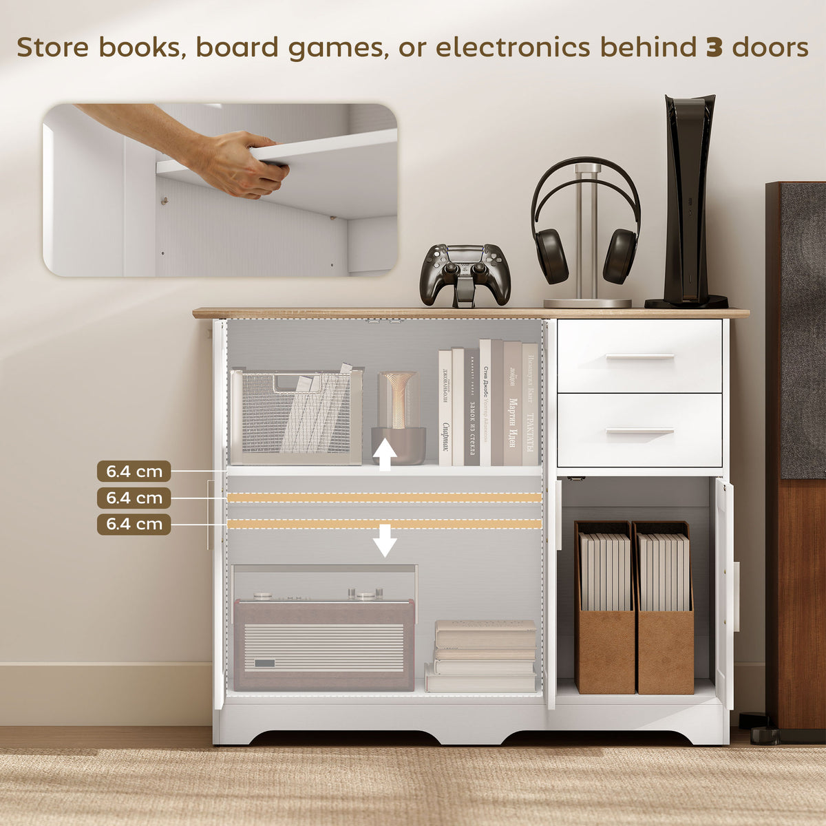 40" Sideboard Buffet Cabinet, Modern Kitchen Storage Cabinet with 2 Drawers, 3 Doors & Adjustable Shelf, White