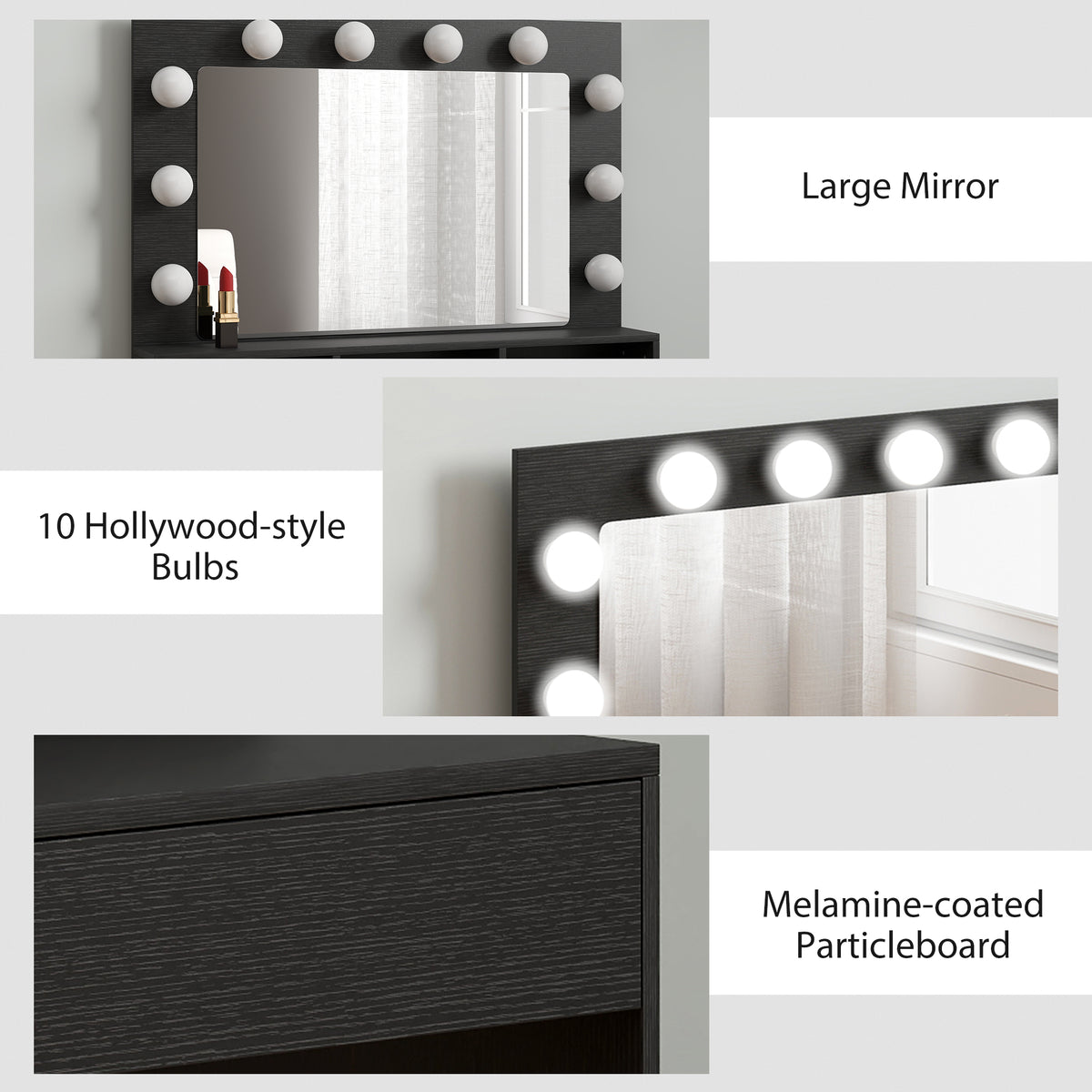 Vanity Table, Makeup Dressing Table with LED Lighting Mirror, Charging Station and Drawers for Bedroom, Black
