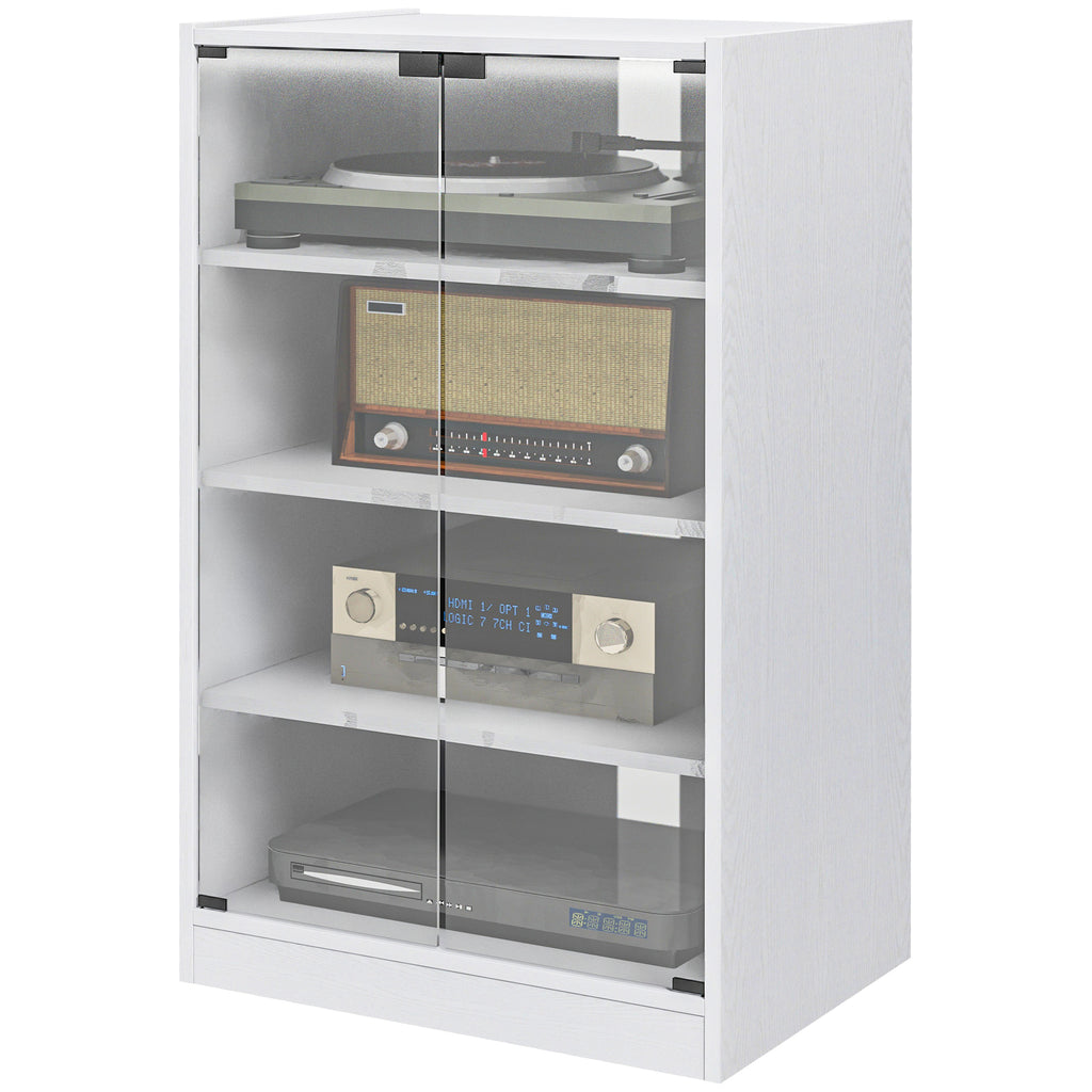 5-Tier Media Cabinet, Media Stand with Adjustable Shelves, Tempered Glass Doors, and Cable Management, Distressed White