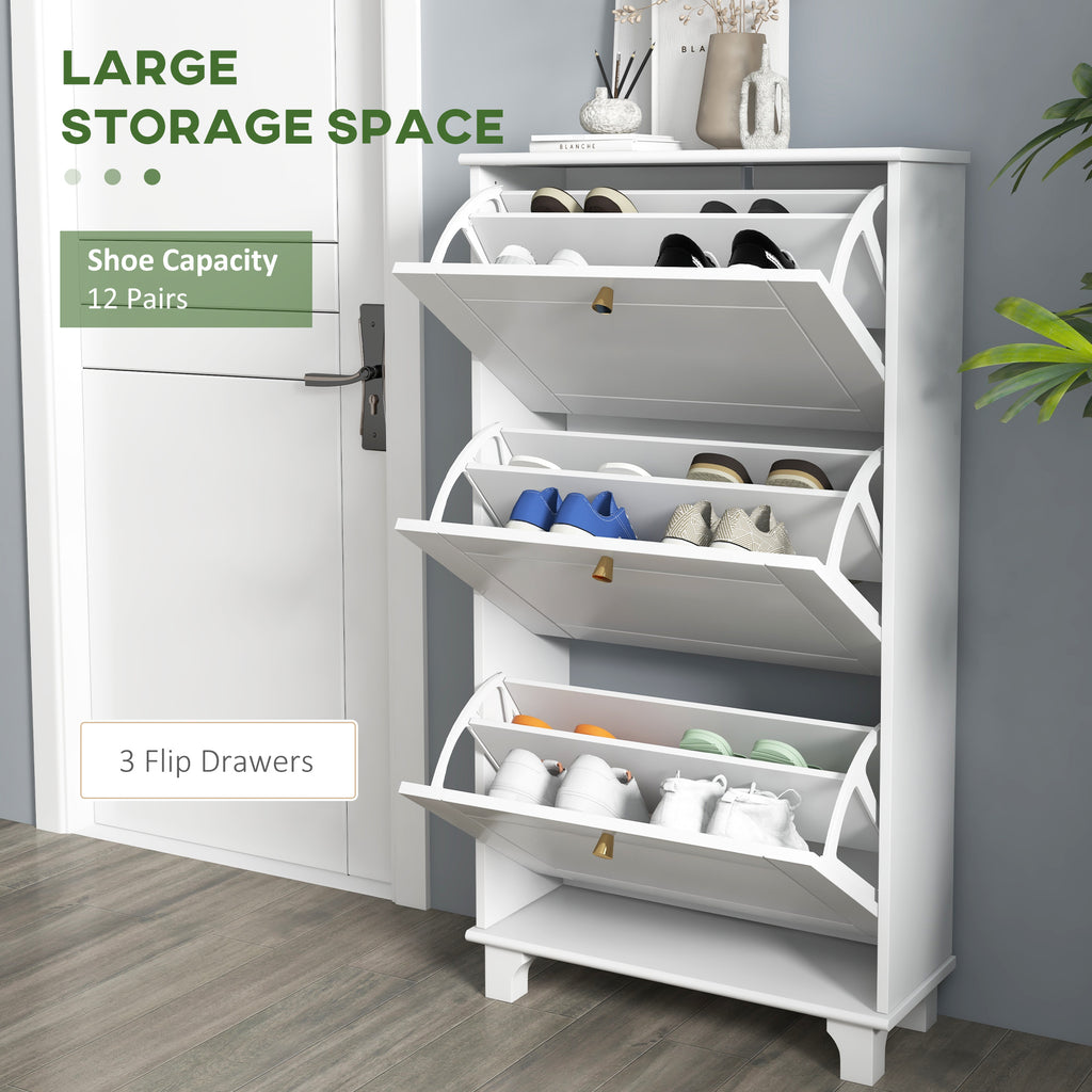 Narrow Shoe Storage with 2 Flip Drawers and Adjustable Shelves Shoe Cabinet Organizer for 12 Pairs of Shoes, White