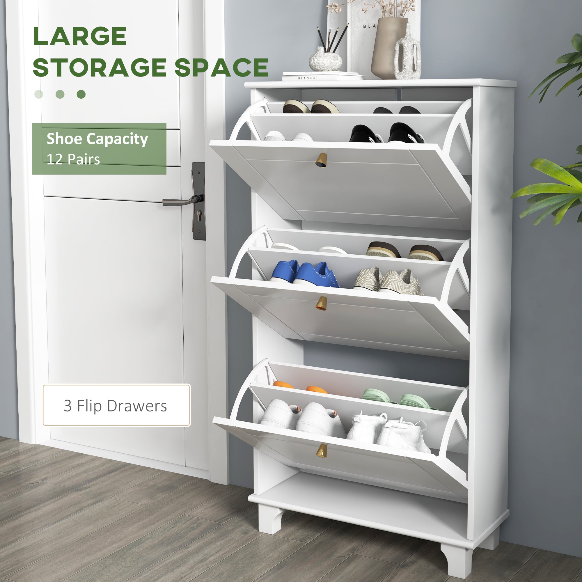 Narrow Shoe Storage with 2 Flip Drawers and Adjustable Shelves Shoe Cabinet Organizer for 12 Pairs of Shoes, White