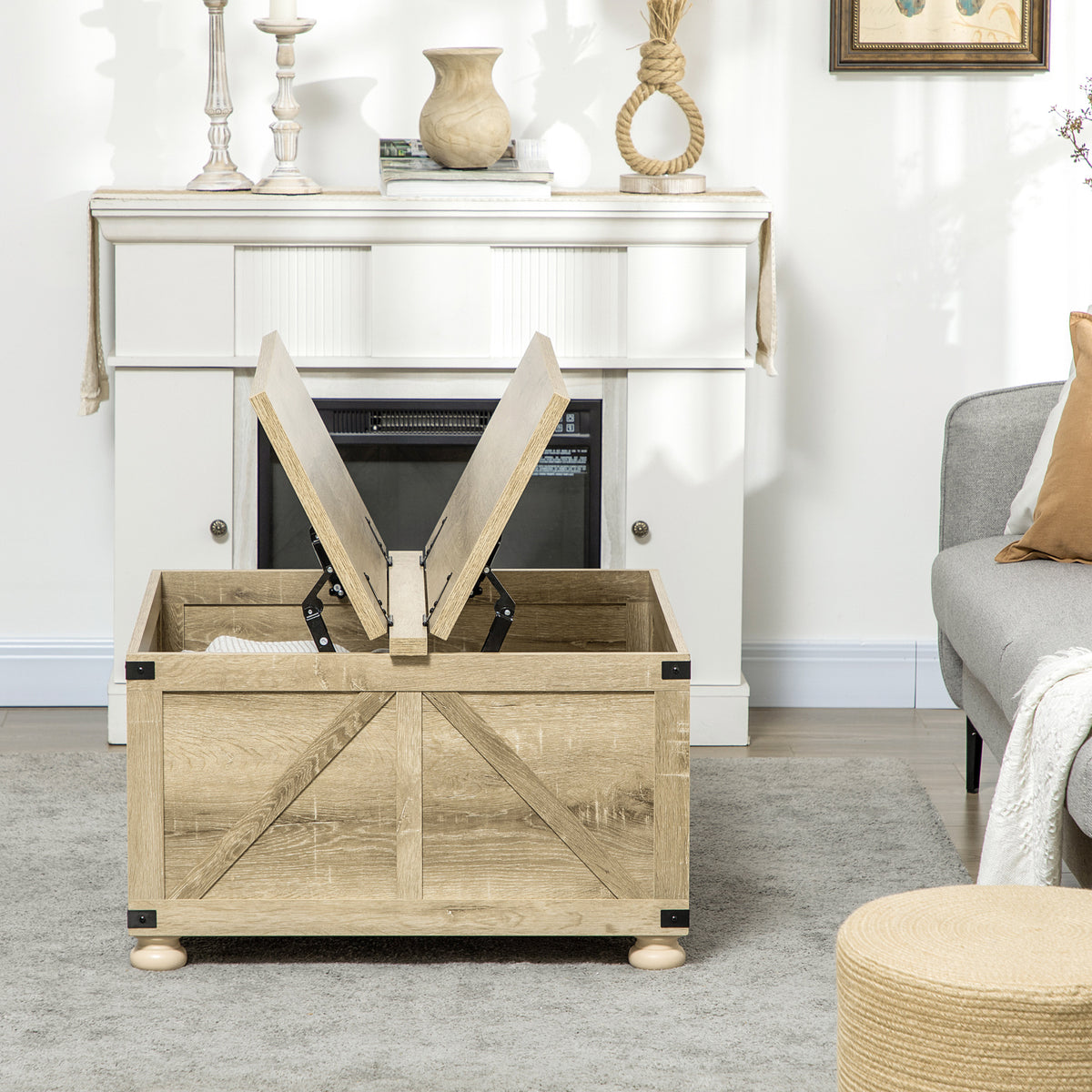 Farmhouse Coffee Table, Square Center Table with Flip-top Lids, Hidden Storage Compartment and Wooden Legs, Oak