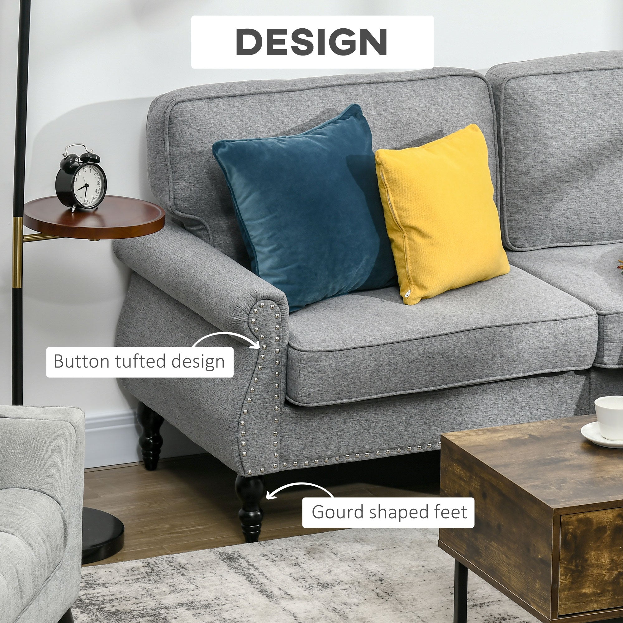 Stylish Midback Double Sofa with Sponge Padding, 2 Seater Sofa Couch, with Rubber Wood Leg, Grey