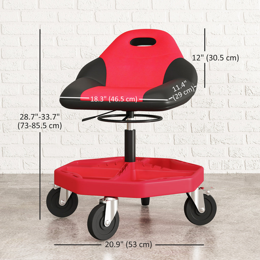 Rolling Garage Stool, 300 LBS Capacity Mechanic Stool with 5" Wheels, Tool Tray Storage, Adjustable Height, Red