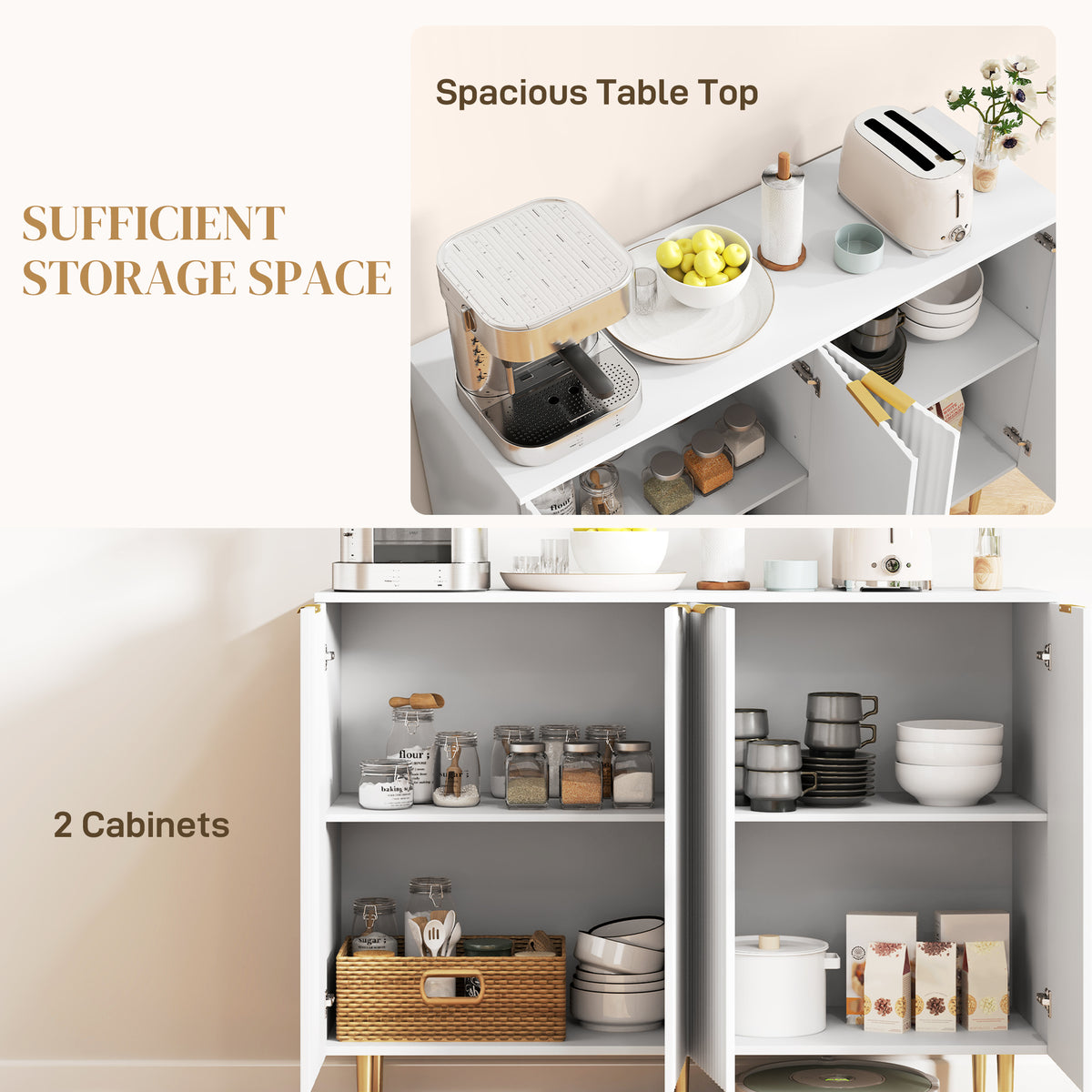 Modern Kitchen Storage Cabinet, Sideboard Buffet Cabinet with Adjustable Shelves for Kitchen Hallway, White