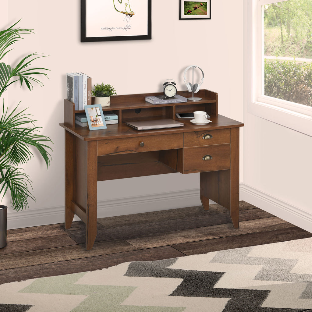 Study Table with Storage Hutch, Drawers, Shelf, Home Office Writing Table Study Workstation with Cable Management, Brown
