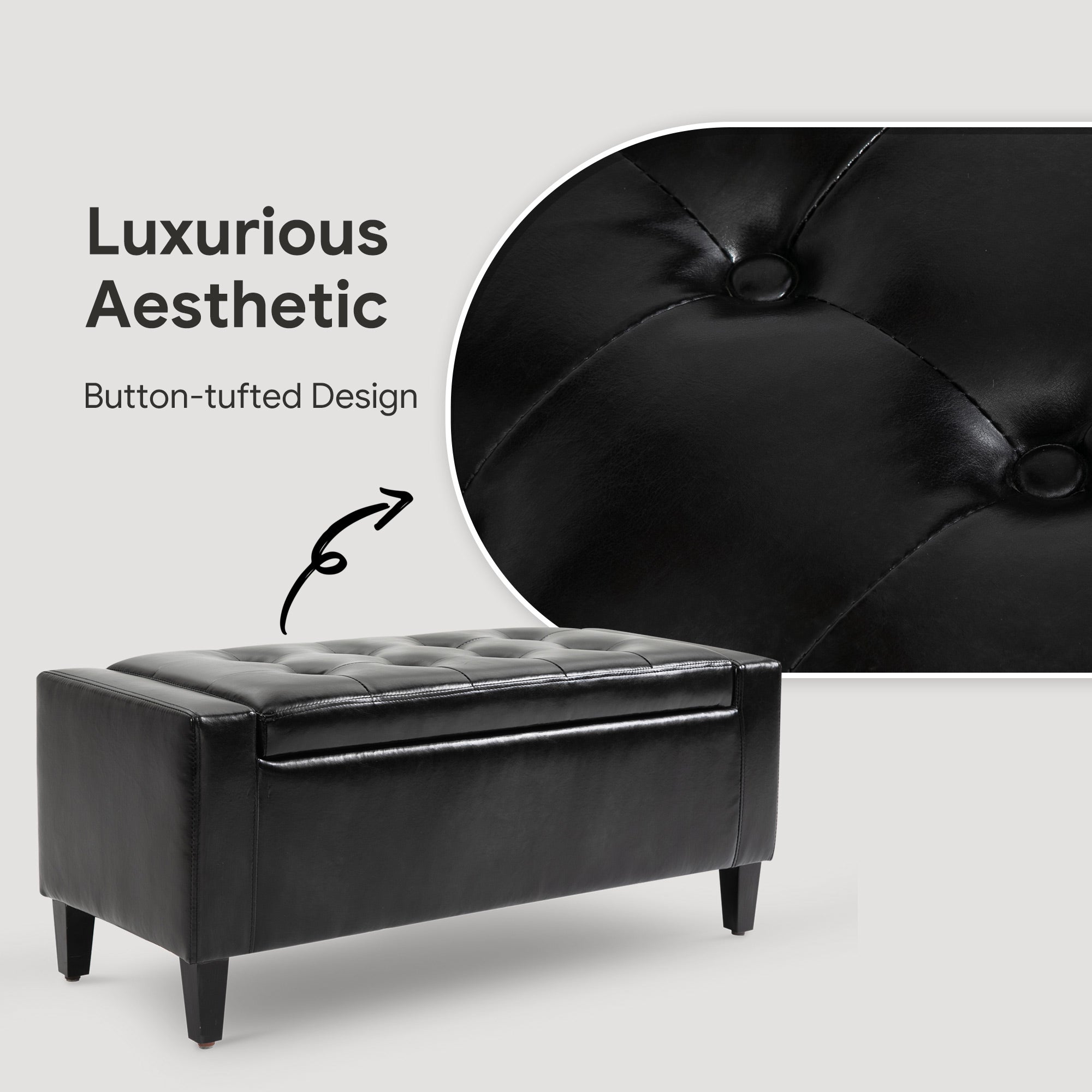 Storage Ottoman Bench, PU Leather Upholstered Bench with Tufted Design, Black