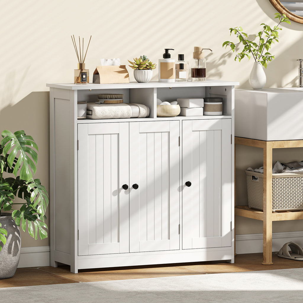 Bathroom Floor Cabinet, Freestanding Bathroom Storage Unit with 3 Doors, 2 Open Shelves and Adjustable Shelf, White