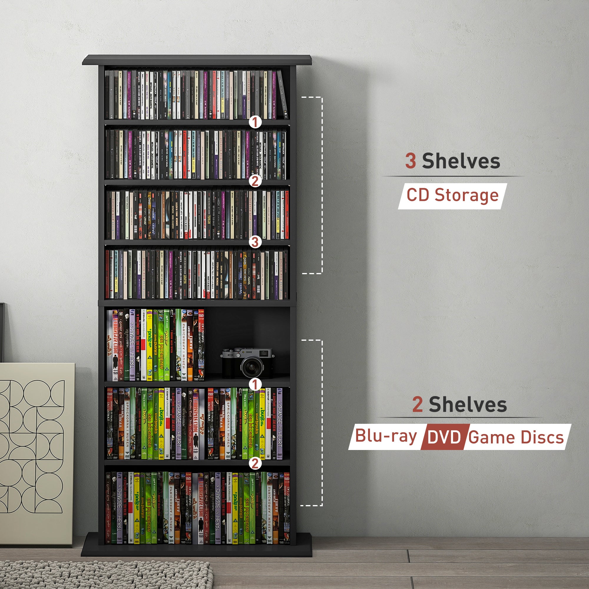 8-Tier DVD Shelf with 6 Adjustable Shelves, Slim CD Shelf, Holds 360 CDs, 185 DVDs or 185 Blu-rays, White