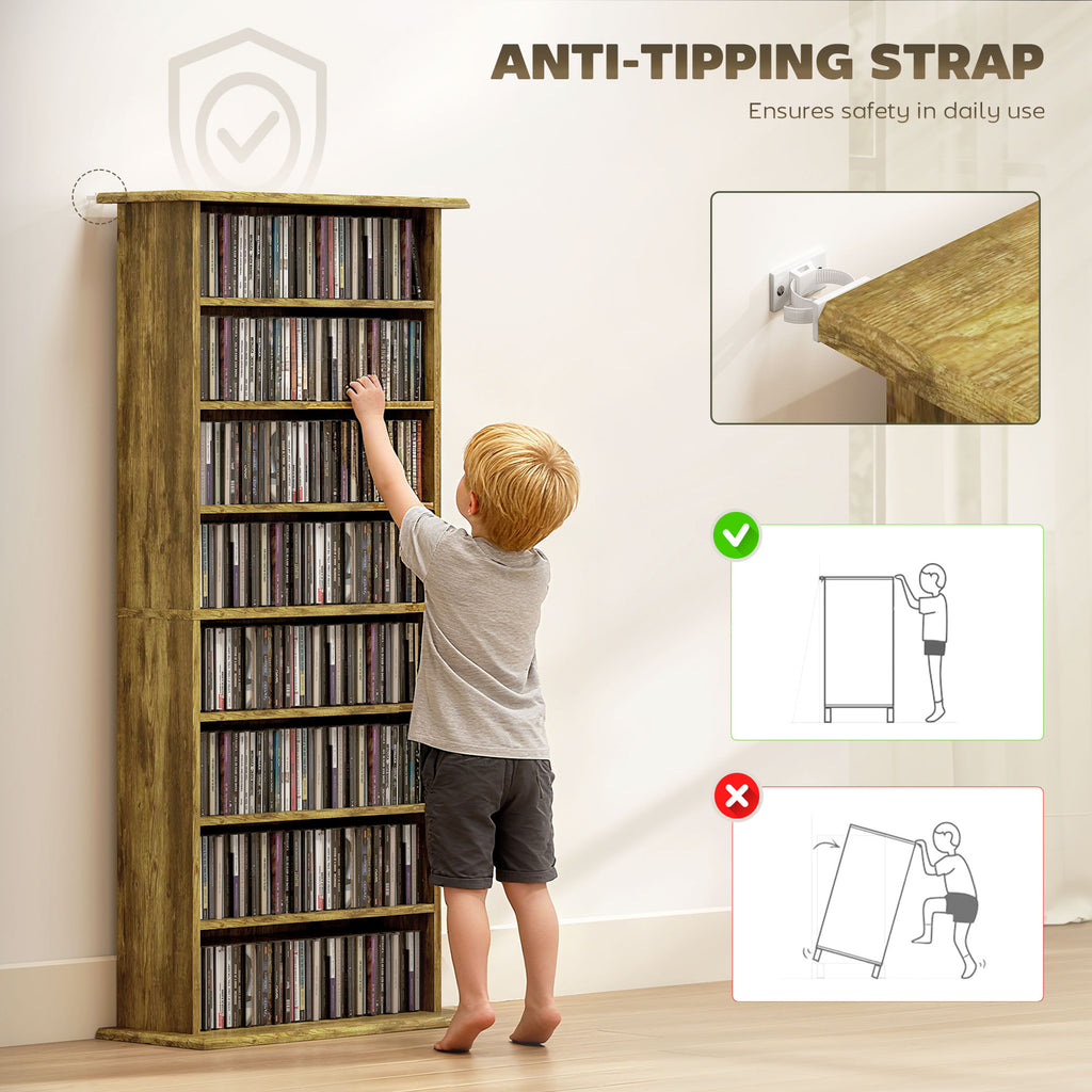 8-Tier DVD Shelf with 6 Adjustable Shelves, Slim CD Shelf, Holds 360 CDs, 185 DVDs or 185 Blu-rays, Rustic Brown