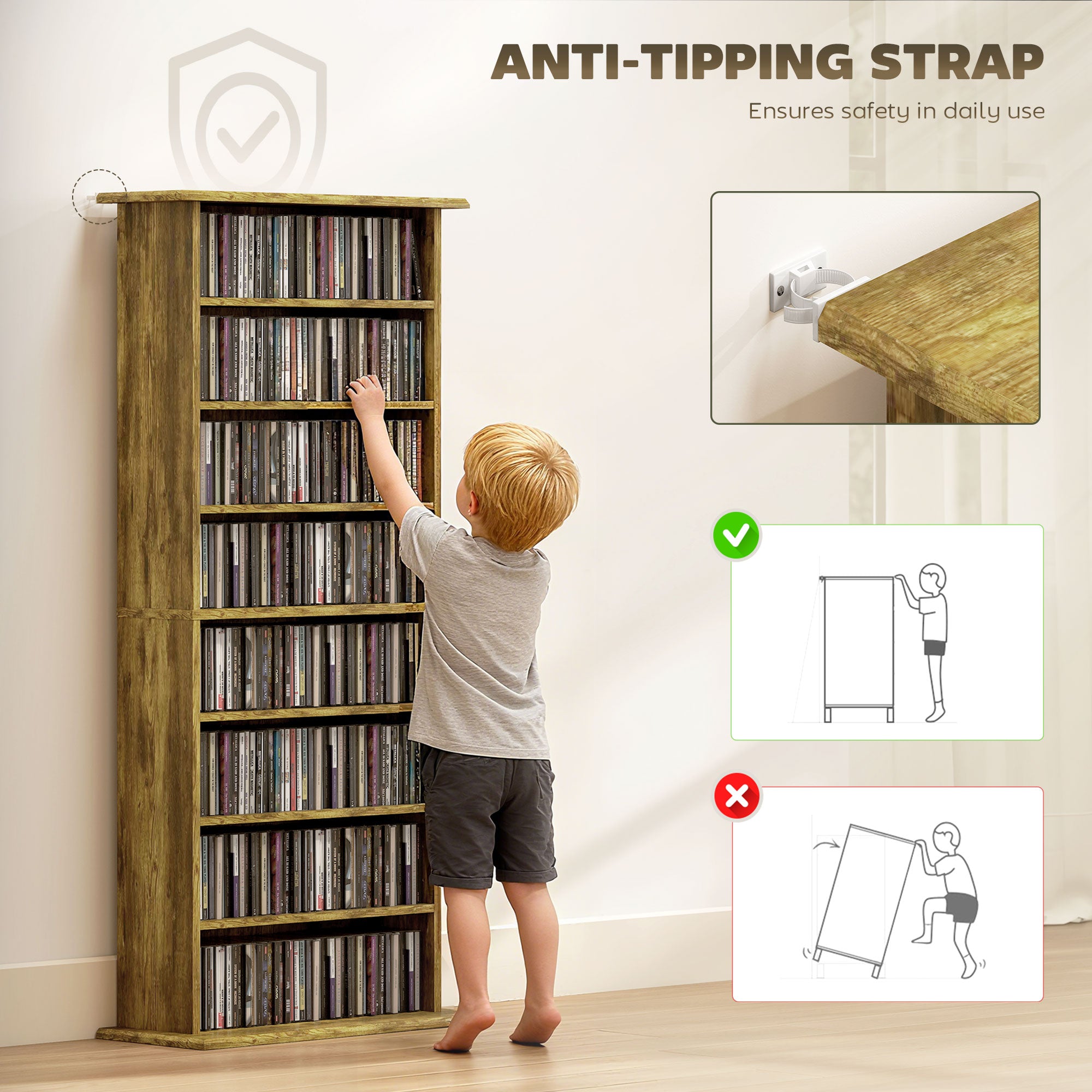 8-Tier DVD Shelf with 6 Adjustable Shelves, Slim CD Shelf, Holds 360 CDs, 185 DVDs or 185 Blu-rays, Rustic Brown