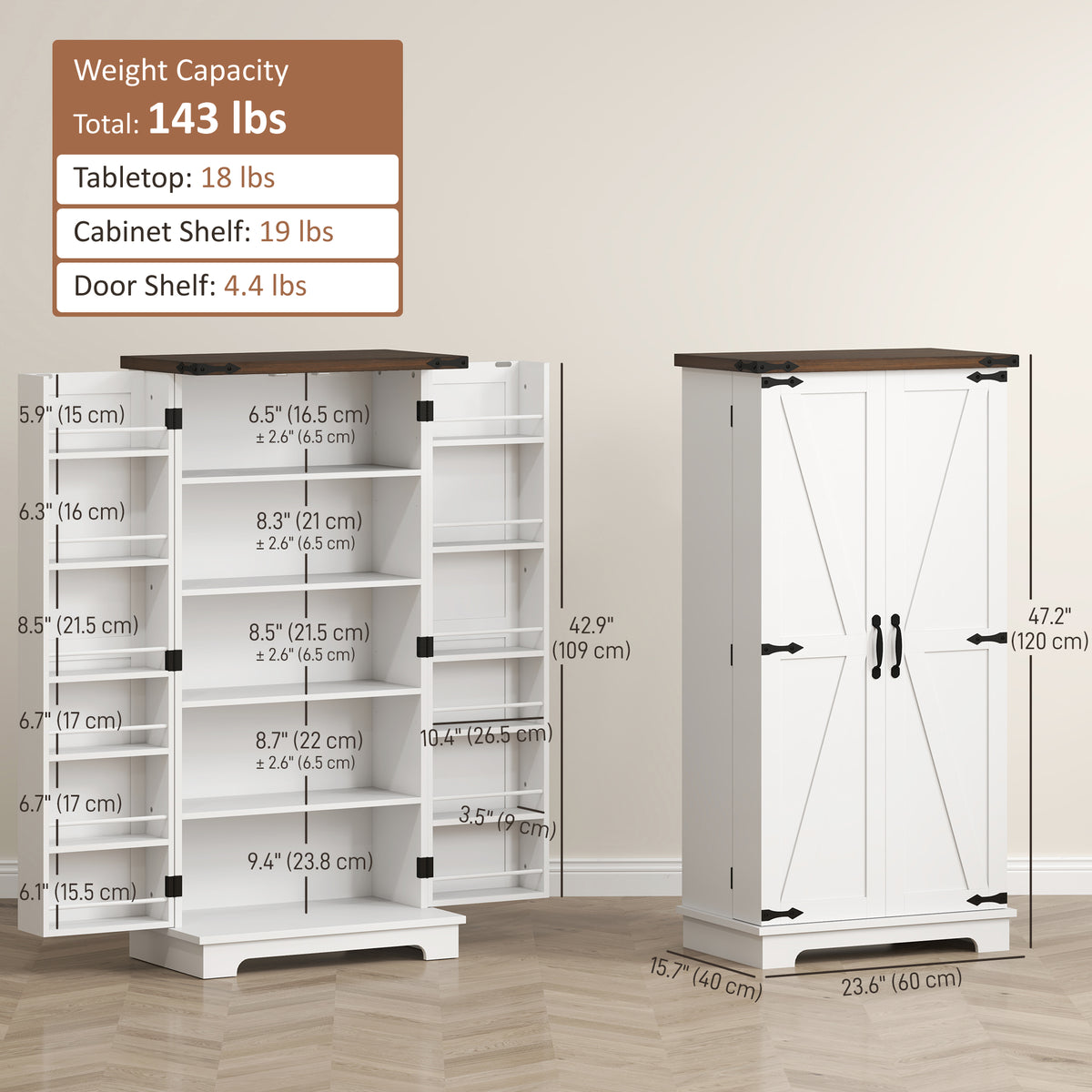47" Kitchen Pantry Storage Cabinet, Farmhouse Kitchen Pantry Cabinet with Adjustable Shelves and Door Shelves, White