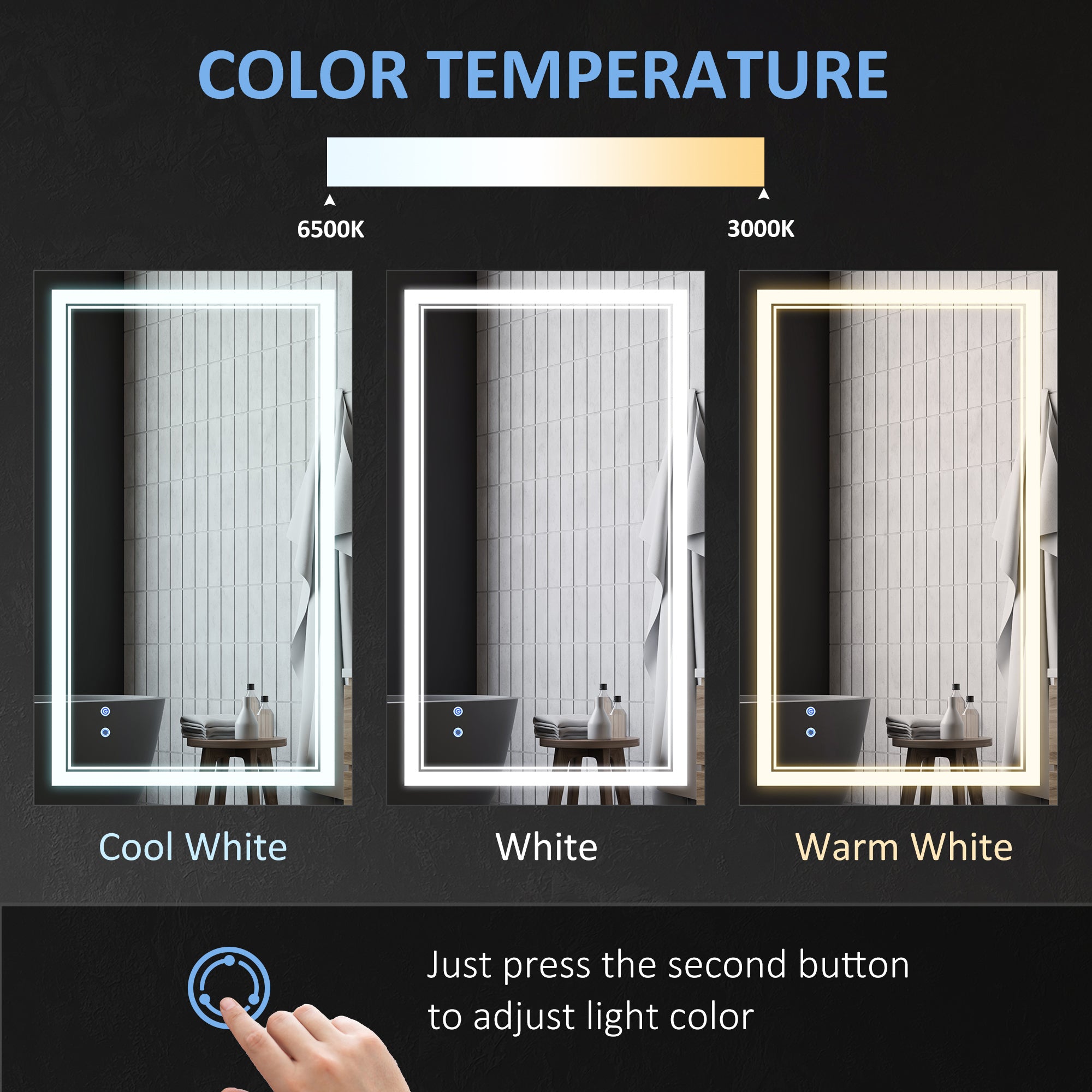 40" x 24" መስተዋት ሽንት ቤት LED፣ ዝተመርጸ ብርሃን ዘለዎ ኣብ መዓርፎ ዝተሰቀለ መስተዋት፣ ምስ 3 ሕብሪ፣ ብልህ ምትንካፍ፣ ፕላግ-ኢን፣ ቀጥ ወይ ጐንጐን ዝተሰቀለ