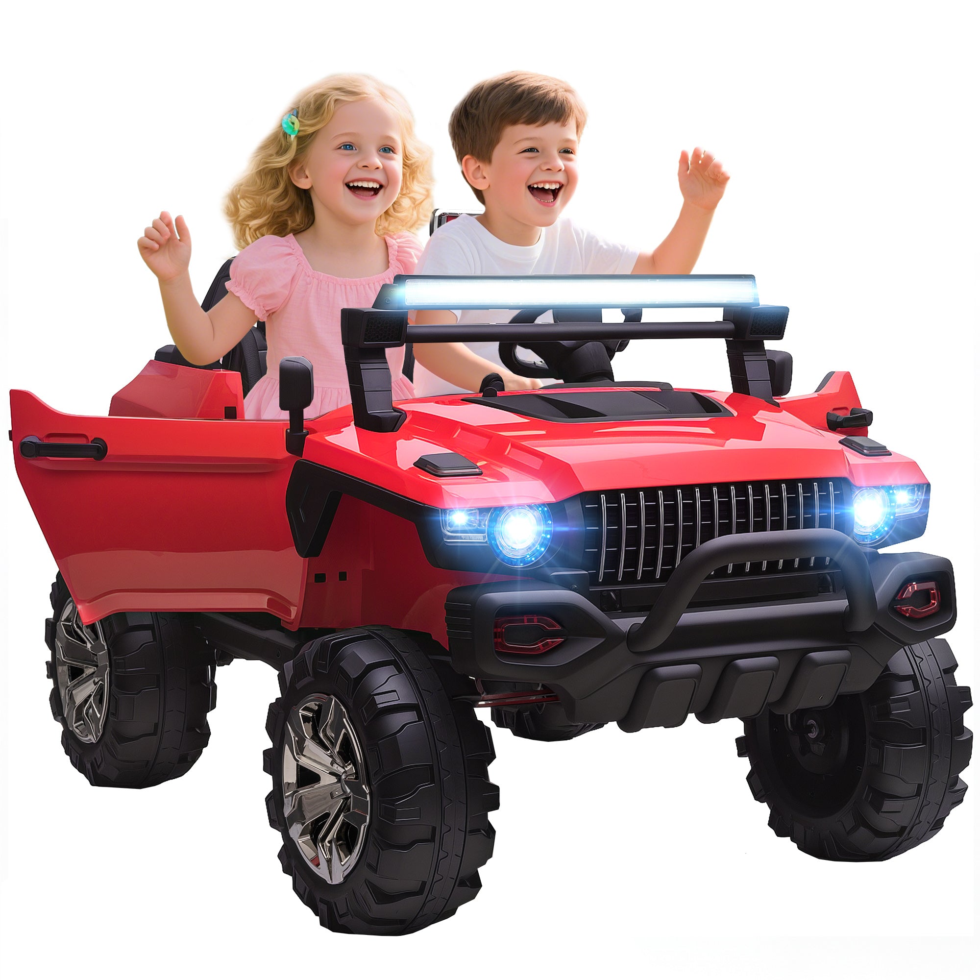 Aosom 2-Seater Ride on Truck, 12V 7AH Big Battery Powered Police Car for Kids with Remote Control, 4 Shock Absorbers, Soft Start, MP3, LED Lights, Big Wheels, Storage, Red