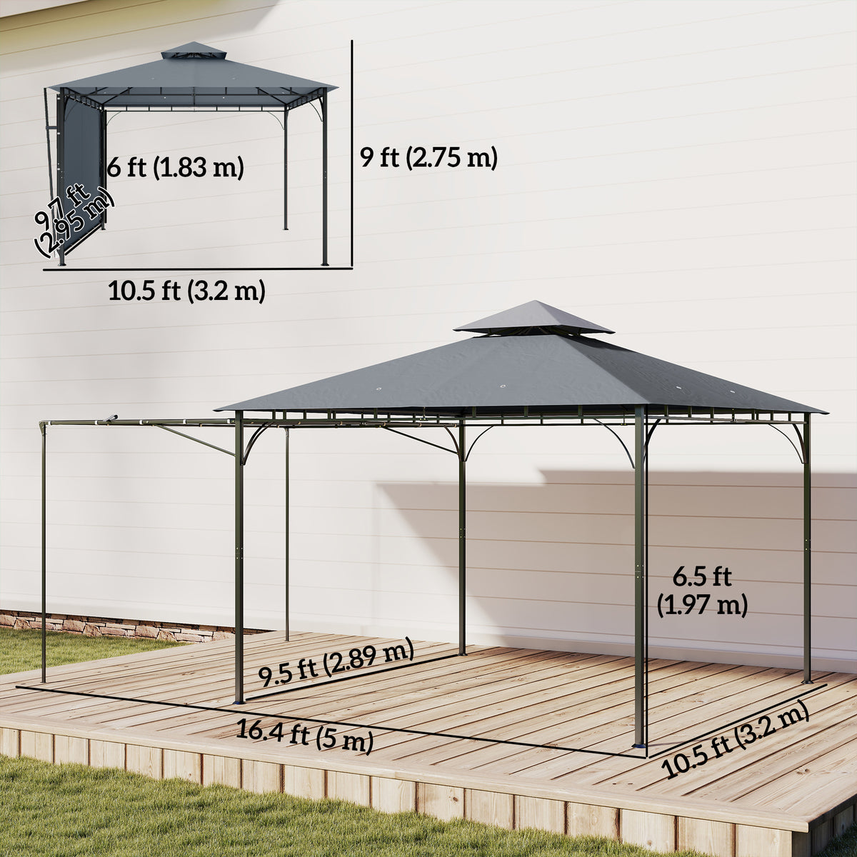 Patio Gazebo with Double Roof Outdoor Gazebo Canopy with Extendable Shade 126" x126" Dark Grey