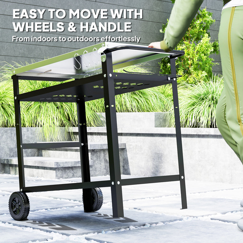 BBQ Stand with Stainless Steel Top Adjustable Shelf, Outdoor BBQ Station with Hooks Seasoning Tray Towel Rack