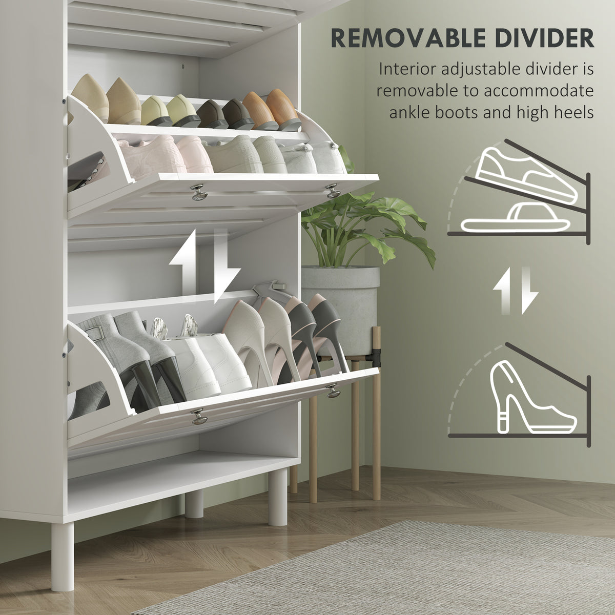 Narrow Shoe Storage Cabinet, 3 Flip Drawers, Adjustable Shelves, 18-24 Pairs Capacity, White