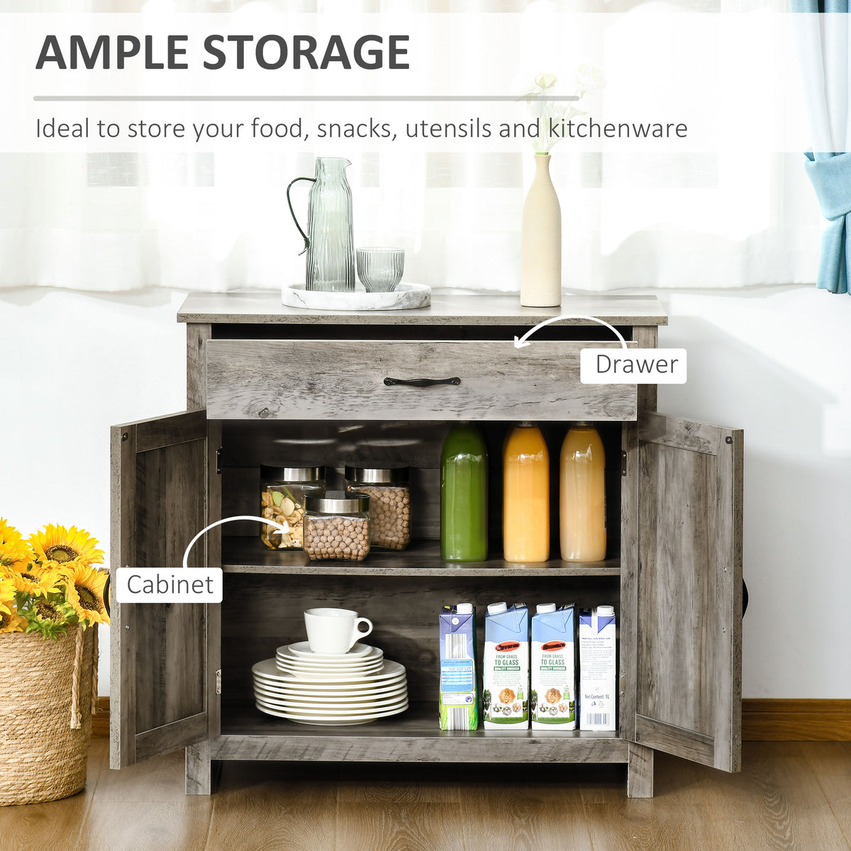 Farmhouse Sideboard Buffet Cabinet, Storage Cabinet with Barn Doors, Ash Grey