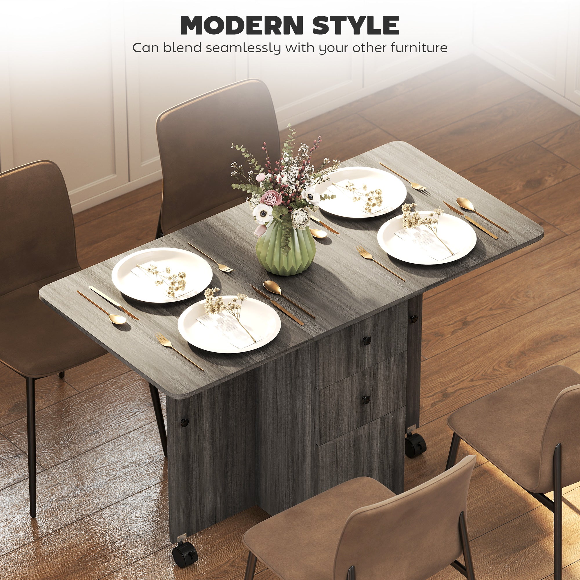 Foldable Dining Table, Rolling Kitchen Table with Storage Drawers and Cabinet, Drop Leaf Table on Wheels, Grey