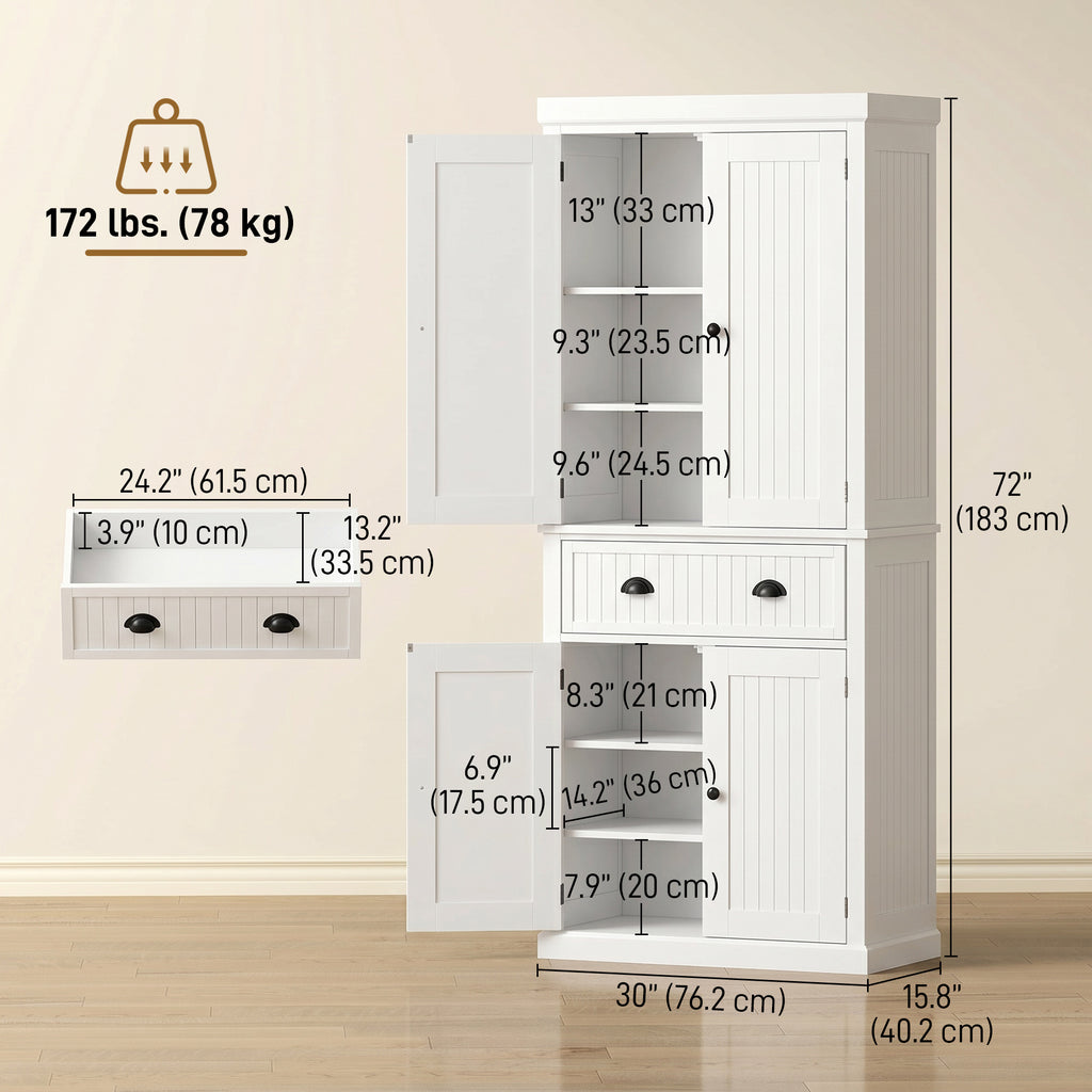 72" Kitchen Pantry, Freestanding Storage Cabinet with Drawer, Doors, Black