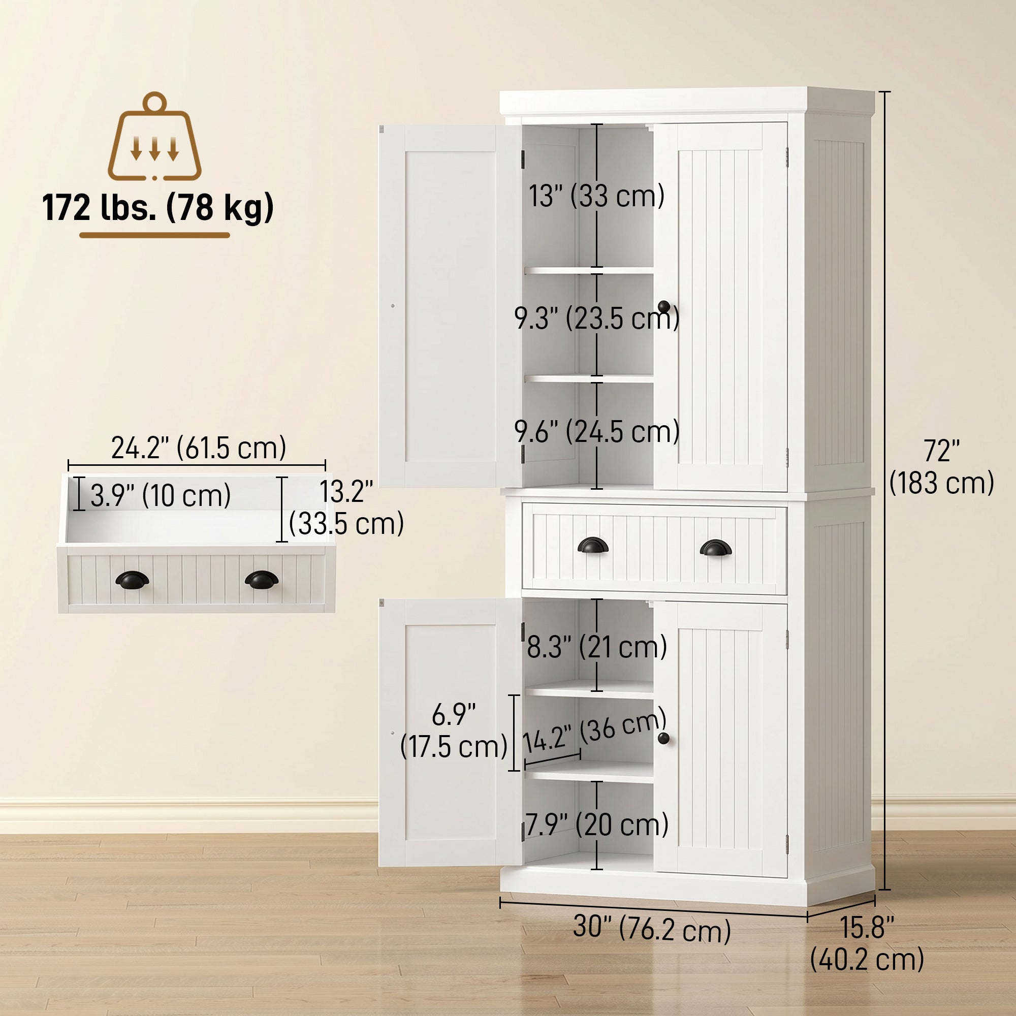 72" Kitchen Pantry, Freestanding Storage Cabinet with Drawer, Doors, Black