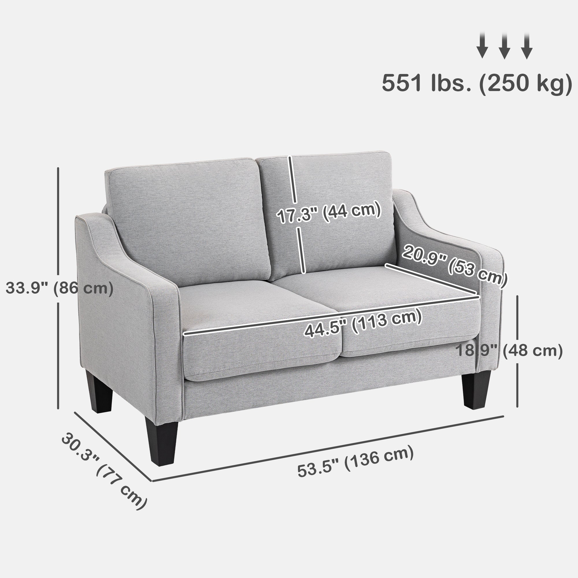 Loveseat Sofa, Modern Couch with Pocket Spring, Linen Upholstered, Thick Padded, Light Grey