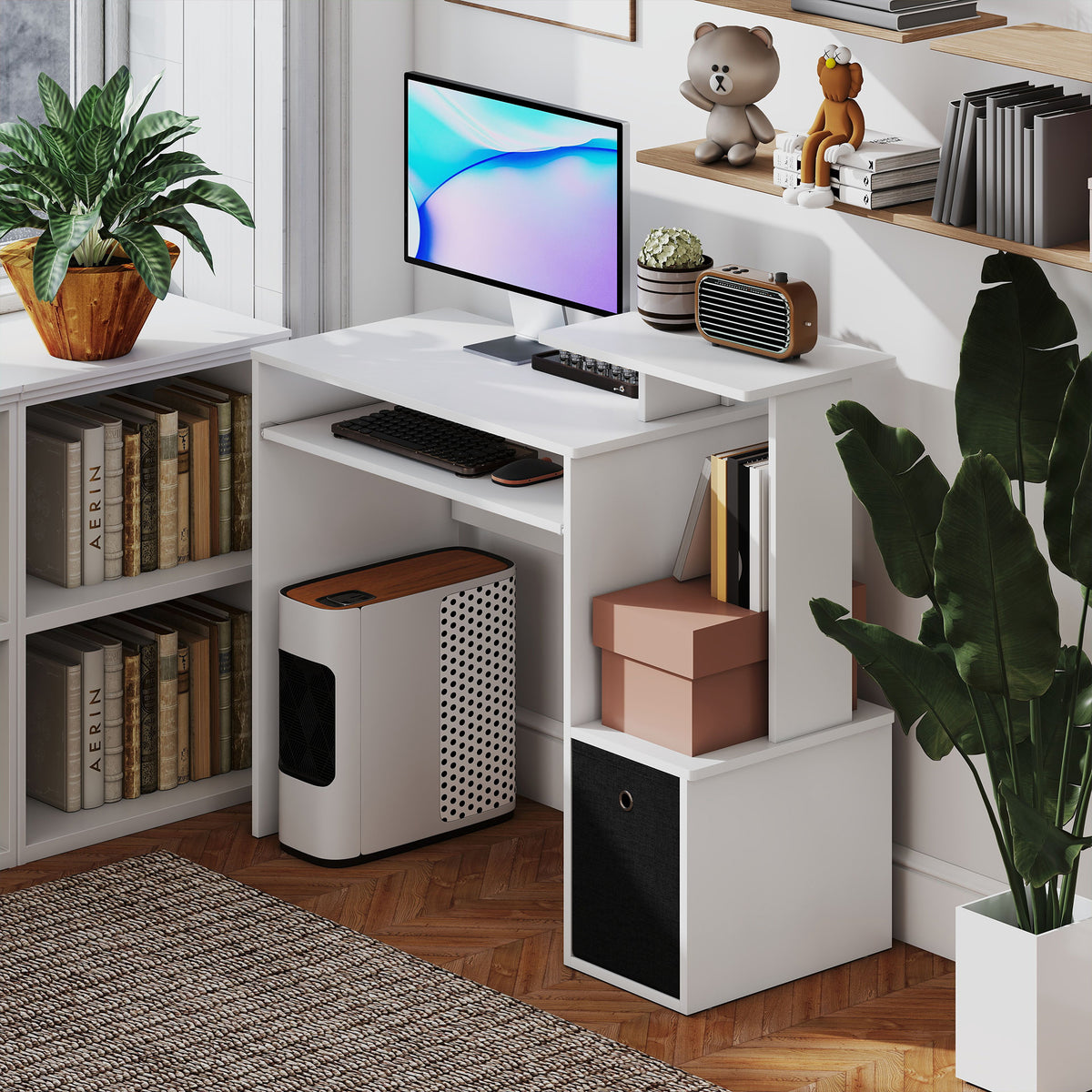 Computer Desk with Sliding Keyboard Tray Storage Drawer Shelf Home Office Workstation Grey