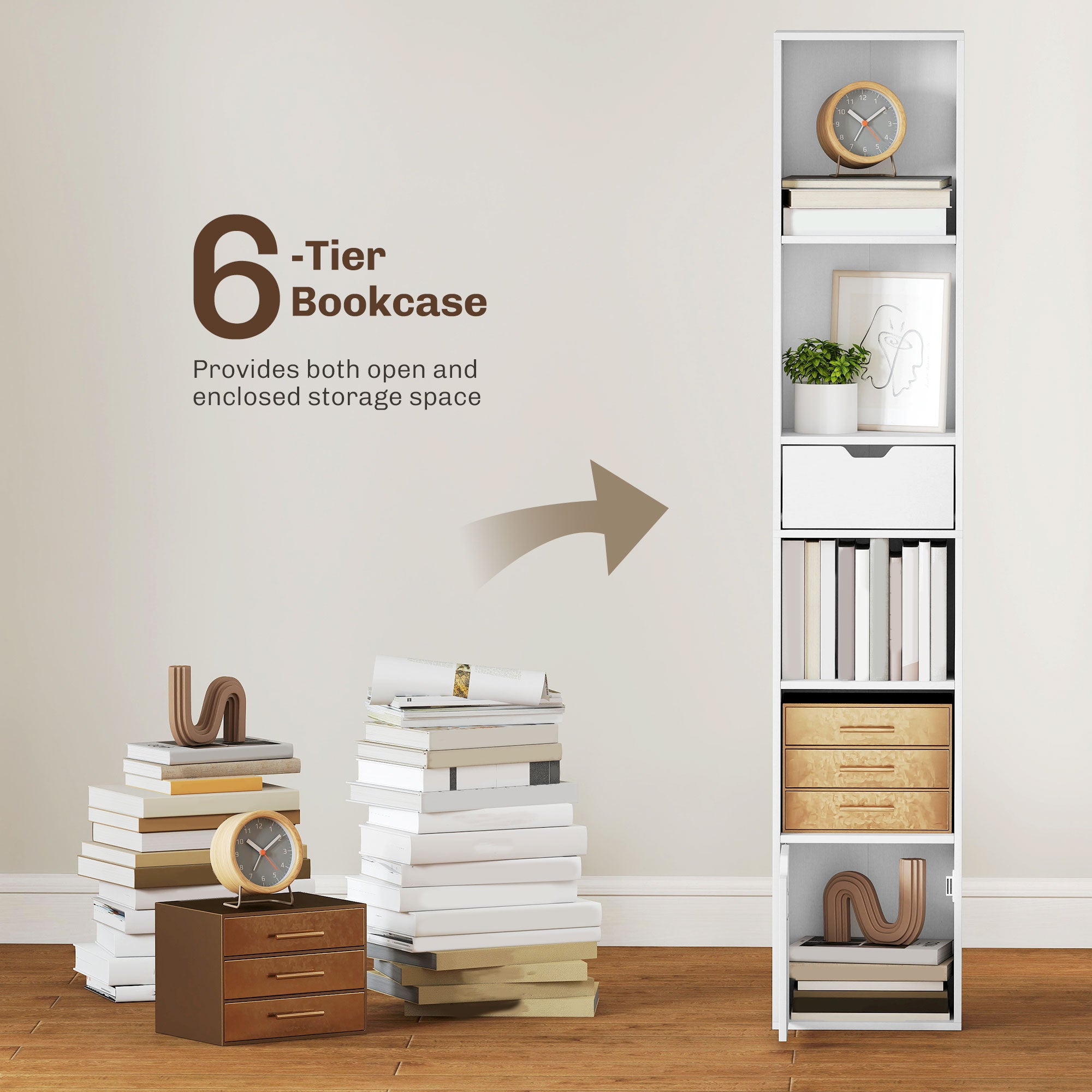 6-Tier Bookcase, Tall Narrow Bookshelf with Drawer and Door, White